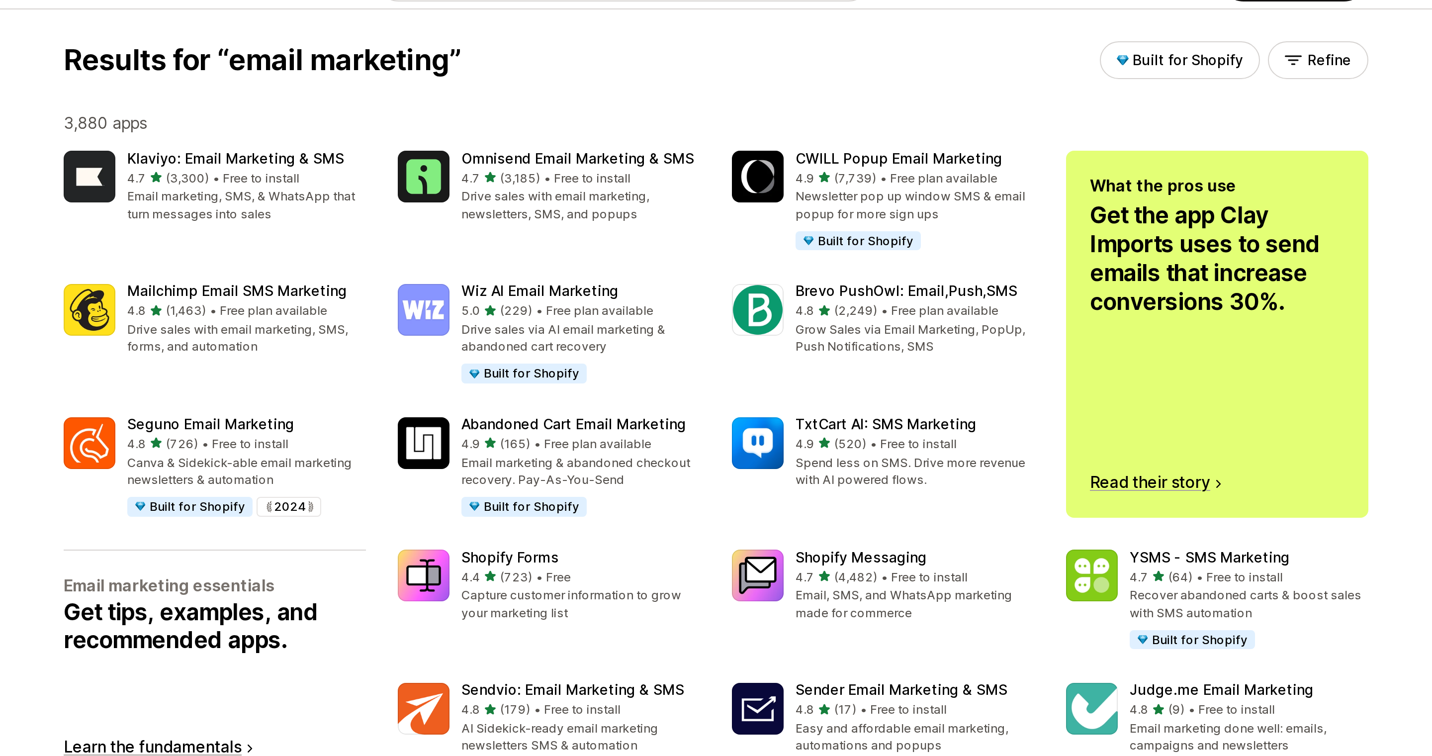 Top of the Shopify App Store search results for "email marketing", showing 3,880 apps with Klaviyo, Omnisend and CWILL Popup Email Marketing in the first row and no ad label on any card