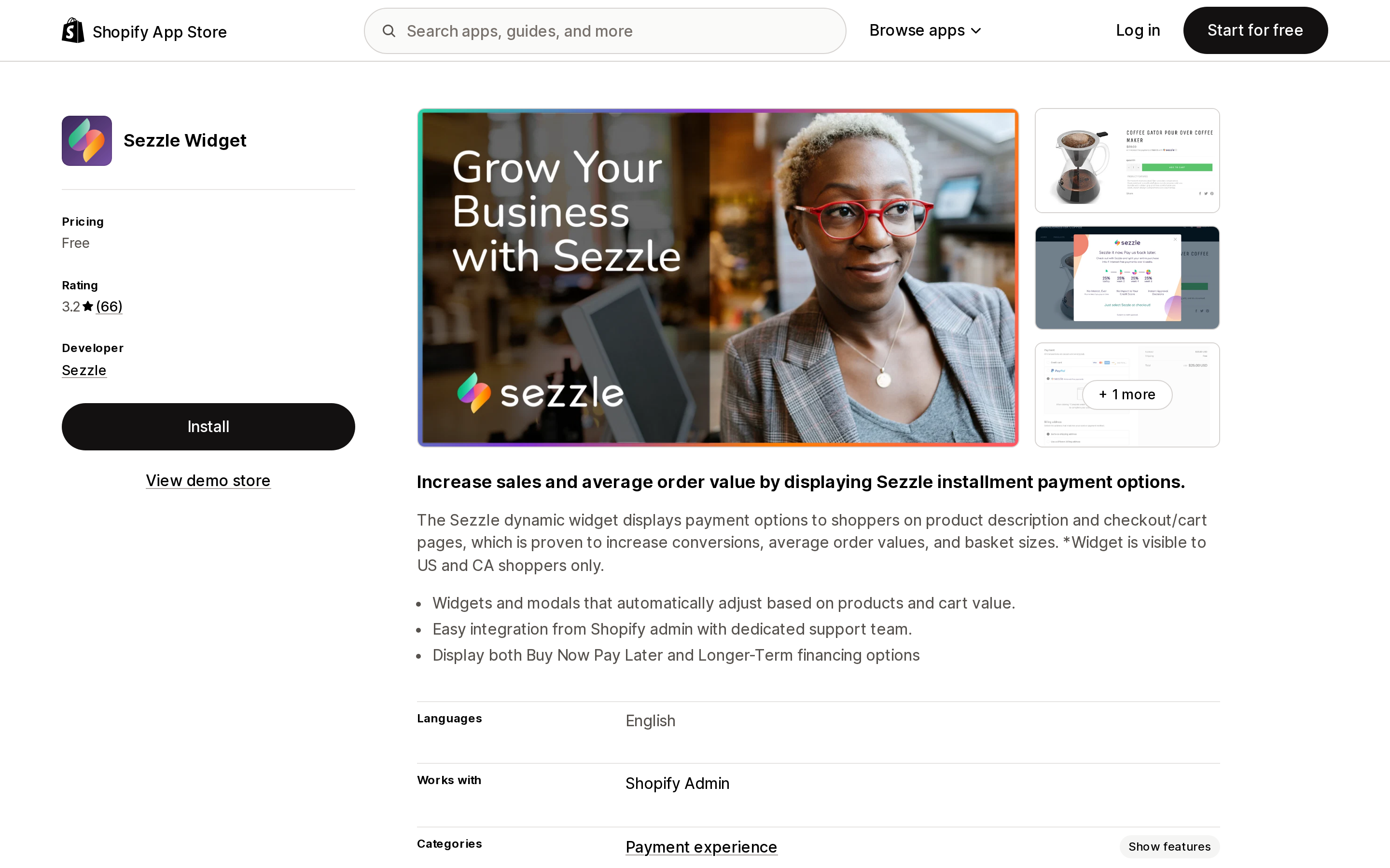 Top of the Shopify App Store listing page for Sezzle Widget