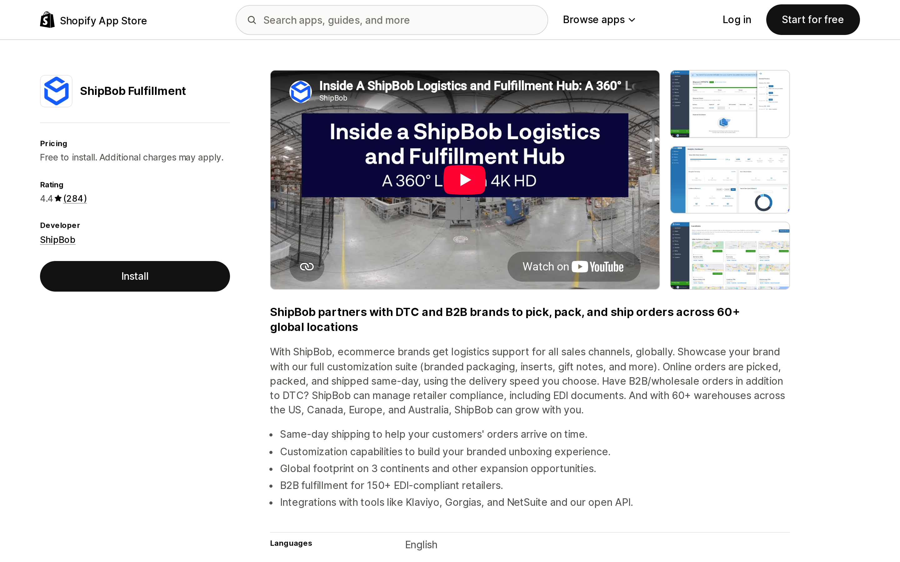 Top of the Shopify App Store listing page for ShipBob Fulfillment, showing free to install with additional charges and the 4.4 rating