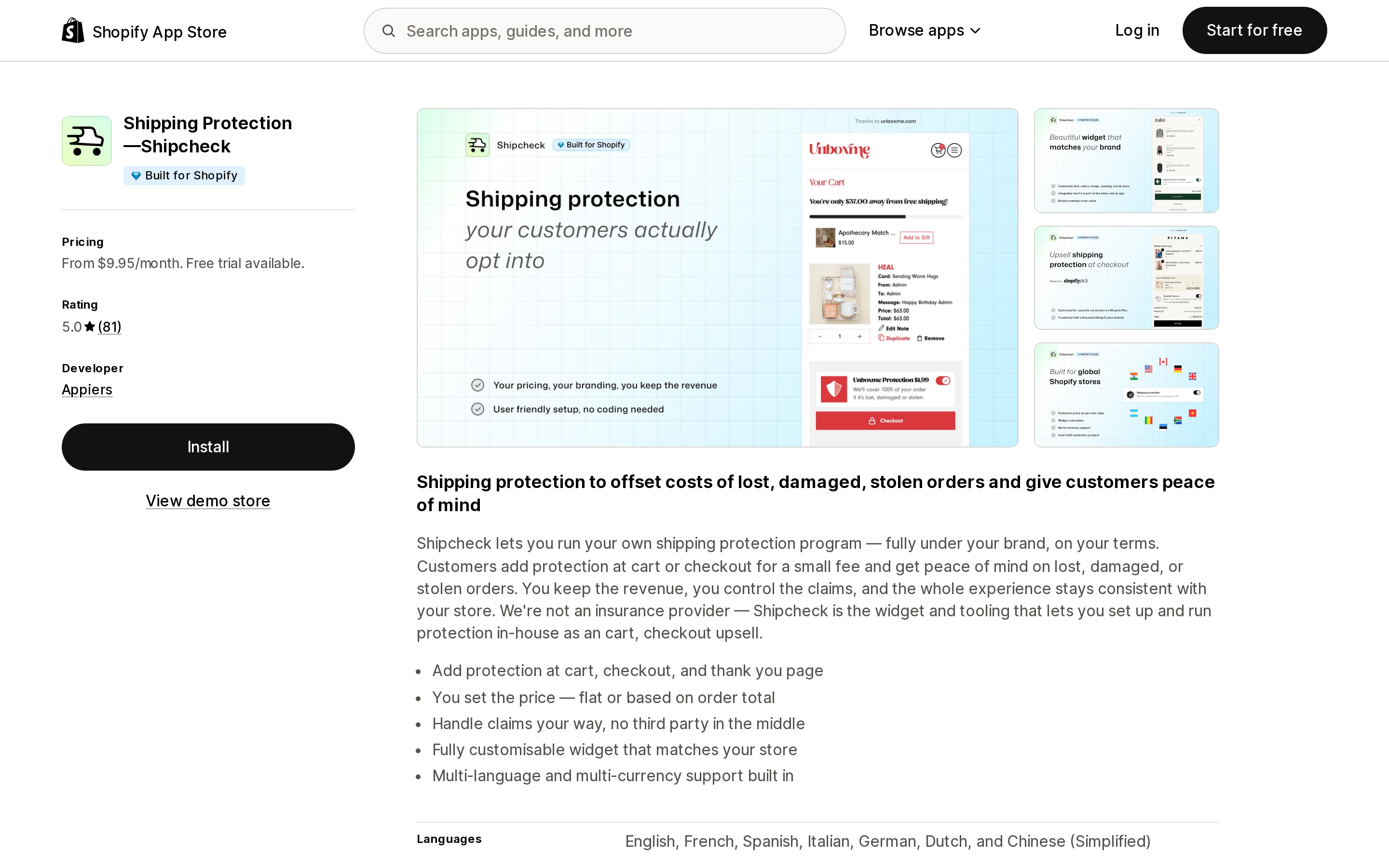 Top of the Shopify App Store listing page for Shipping Protection —Shipcheck, showing the Built for Shopify badge and a 5.0 rating from 81 reviews