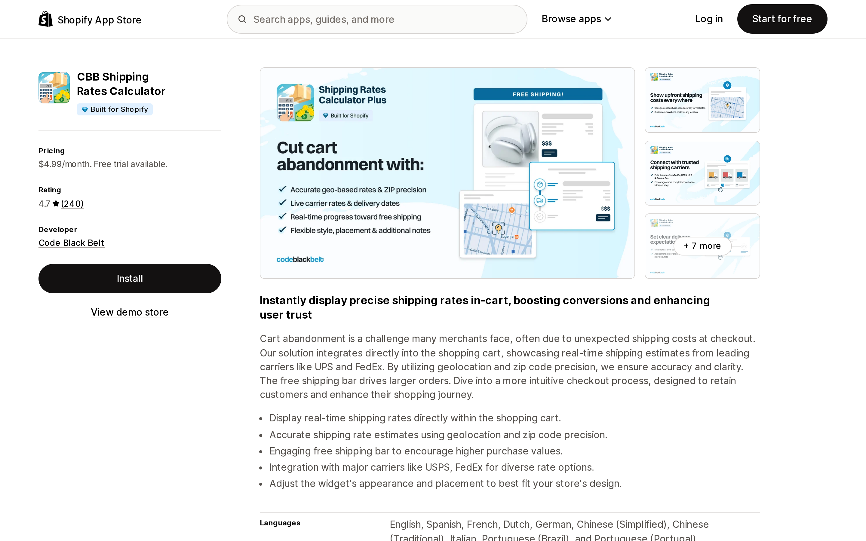 Top of the Shopify App Store listing page for CBB Shipping Rates Calculator, showing the Built for Shopify badge and a 4.7 rating