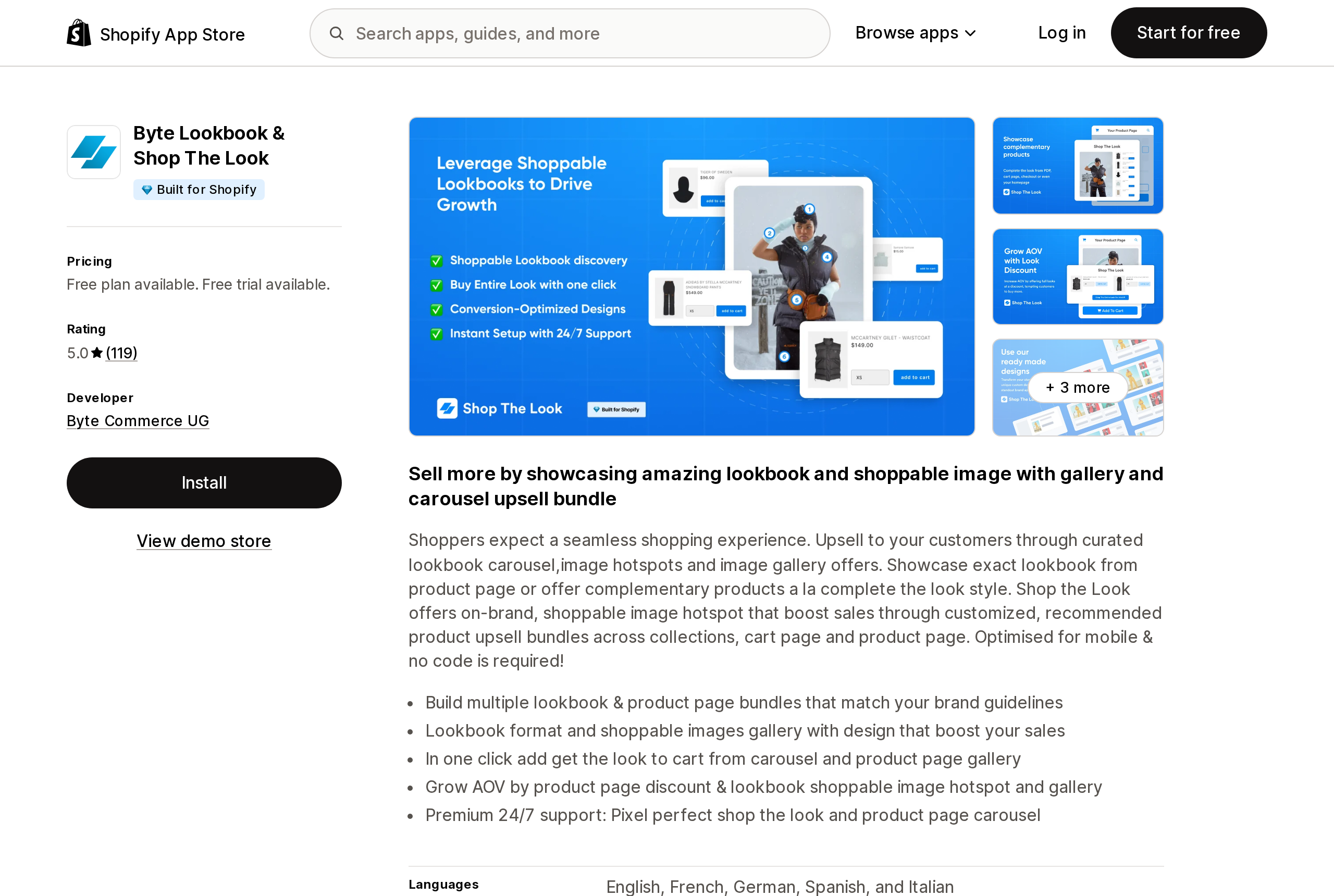 Top of the Shopify App Store listing page for Byte Lookbook & Shop The Look, showing the Built for Shopify badge and a 5.0 rating from 119 reviews