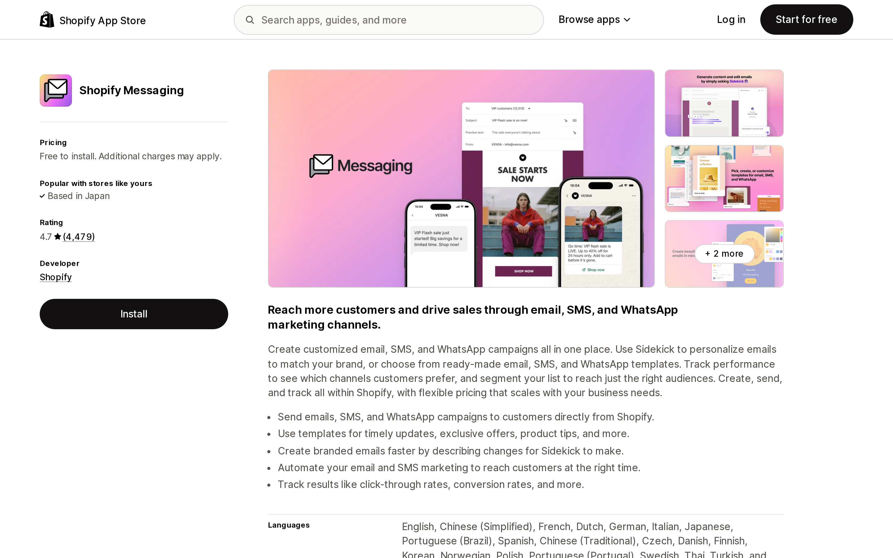 Top of the Shopify App Store listing page for Shopify Messaging