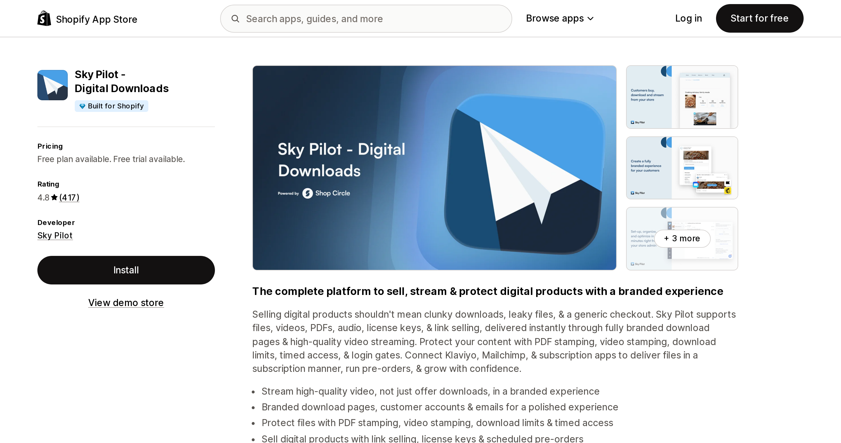 Top of the Shopify App Store listing page for Sky Pilot ‑ Digital Downloads