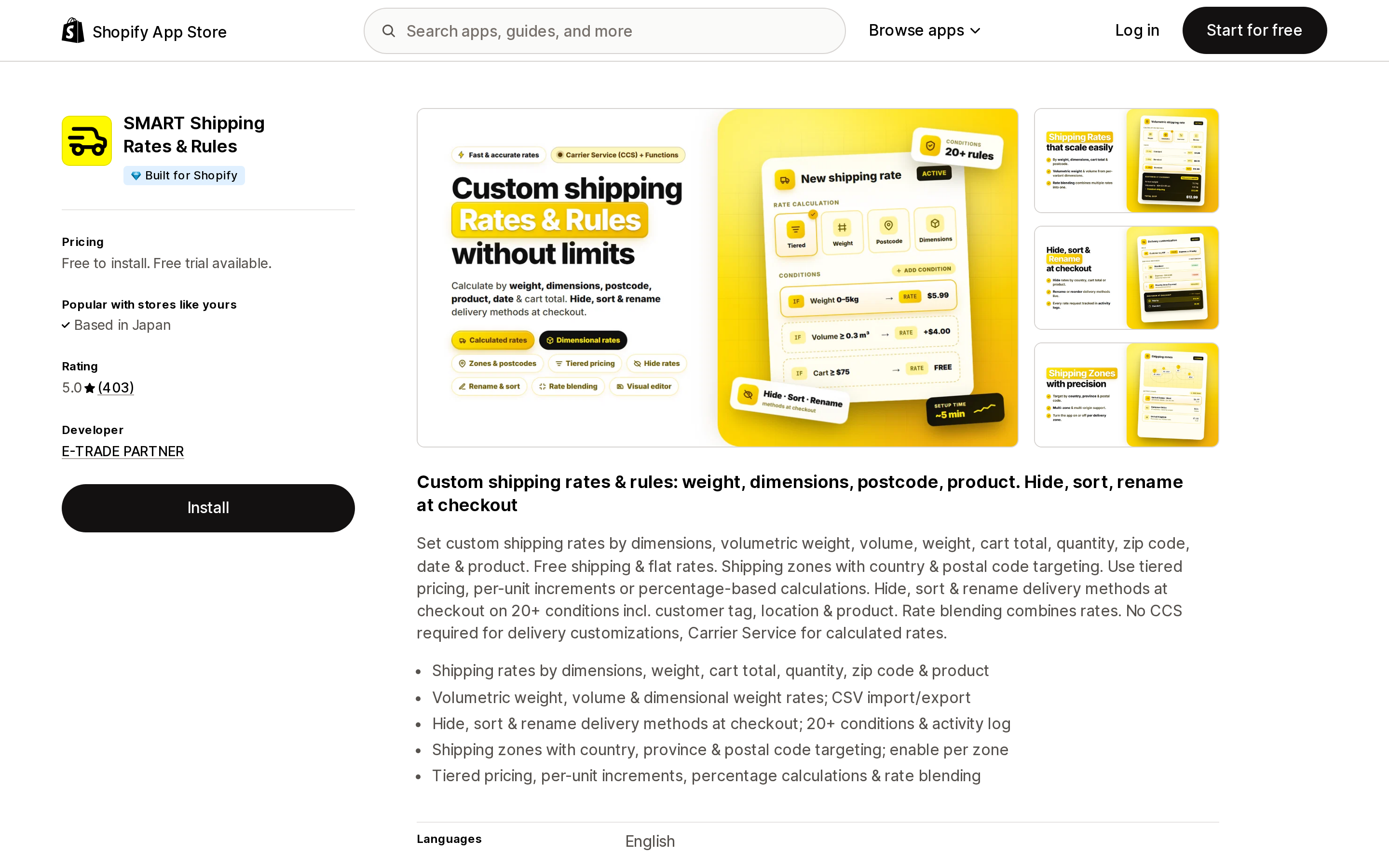 Top of the Shopify App Store listing page for SMART Shipping Rates and Rules, showing the Built for Shopify badge and a 5.0 rating