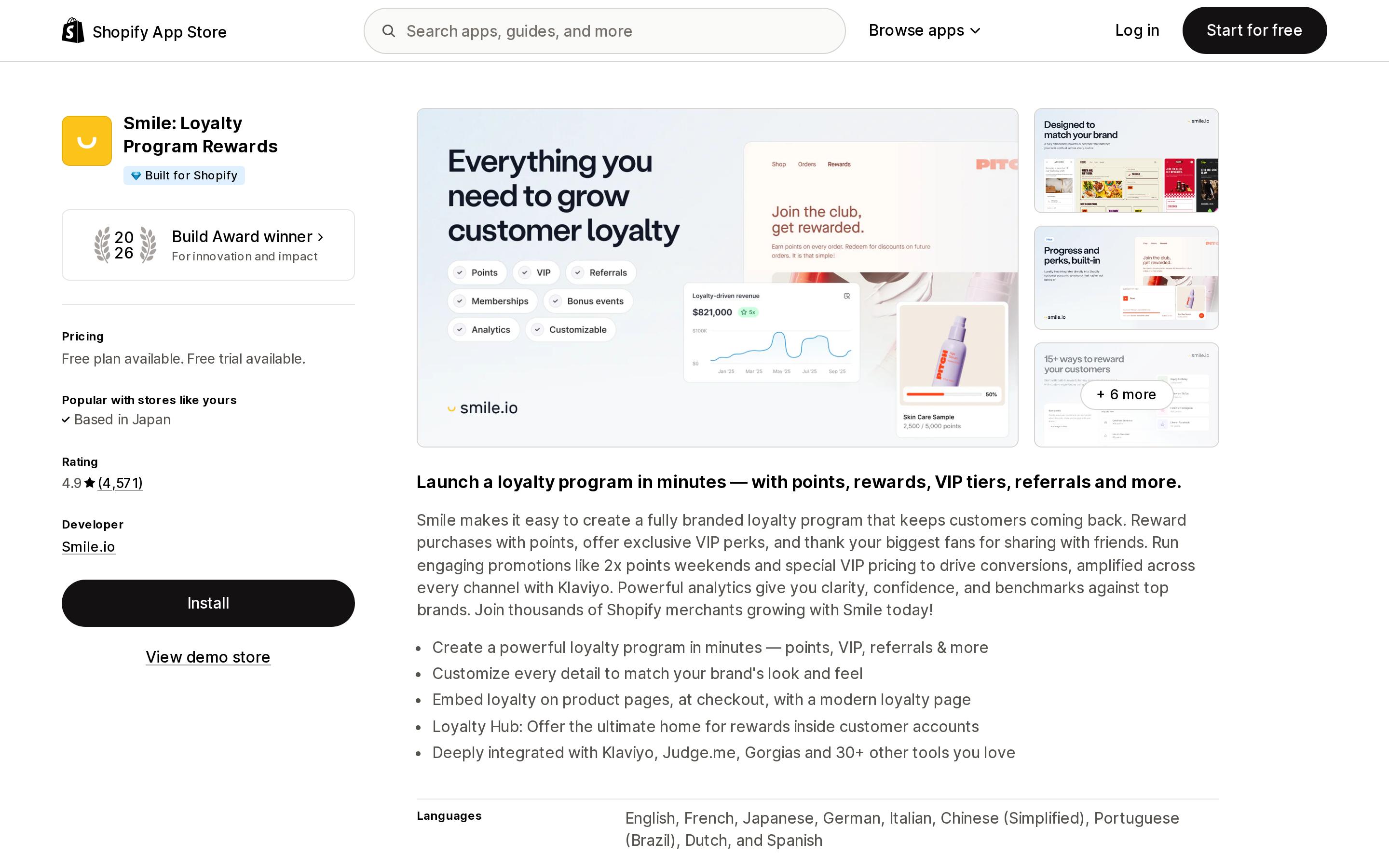 Top of the Shopify App Store listing page for Smile: Loyalty Program Rewards, showing the 2026 Build Award winner element and a free plan