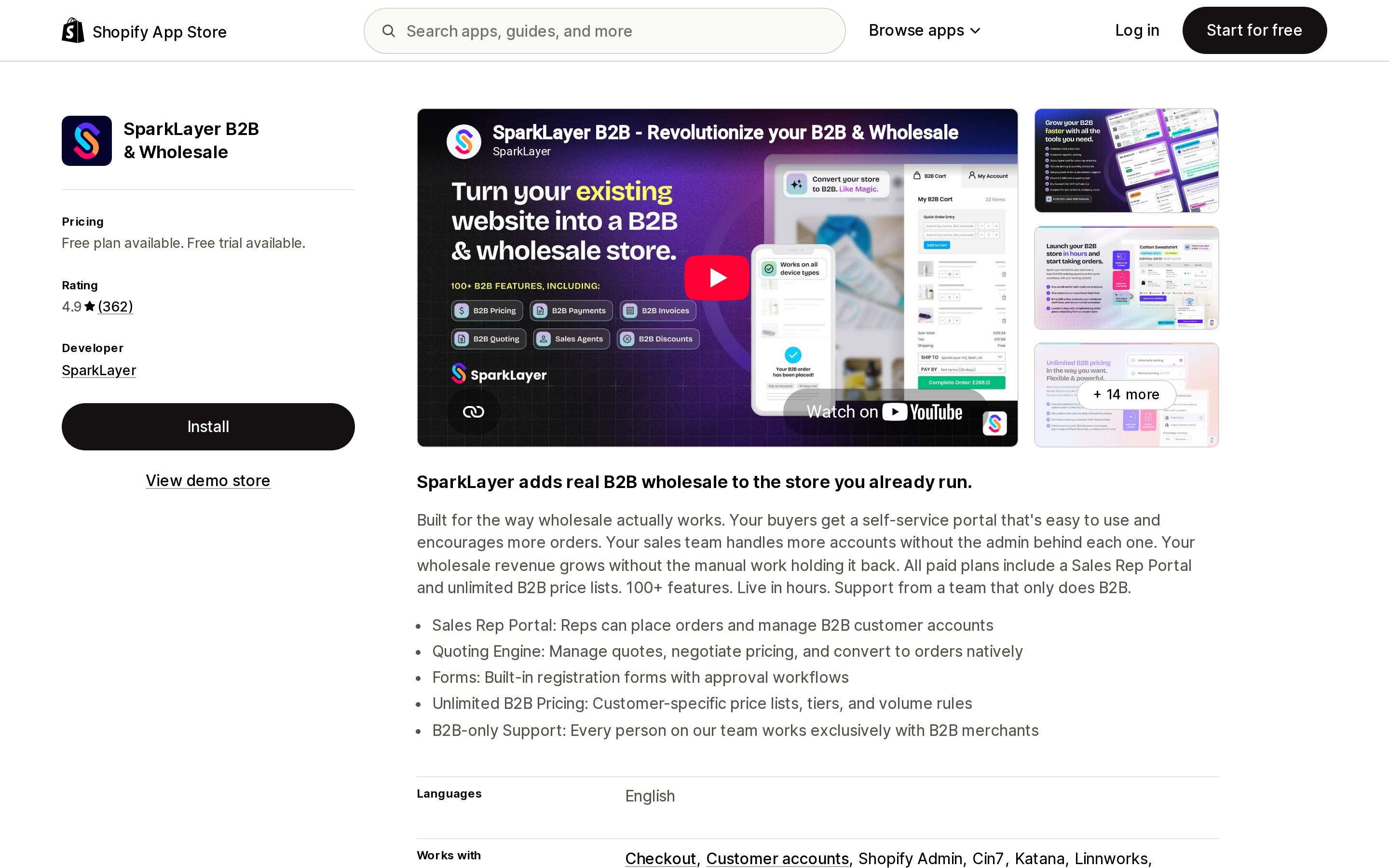 Top of the Shopify App Store listing page for SparkLayer B2B and Wholesale