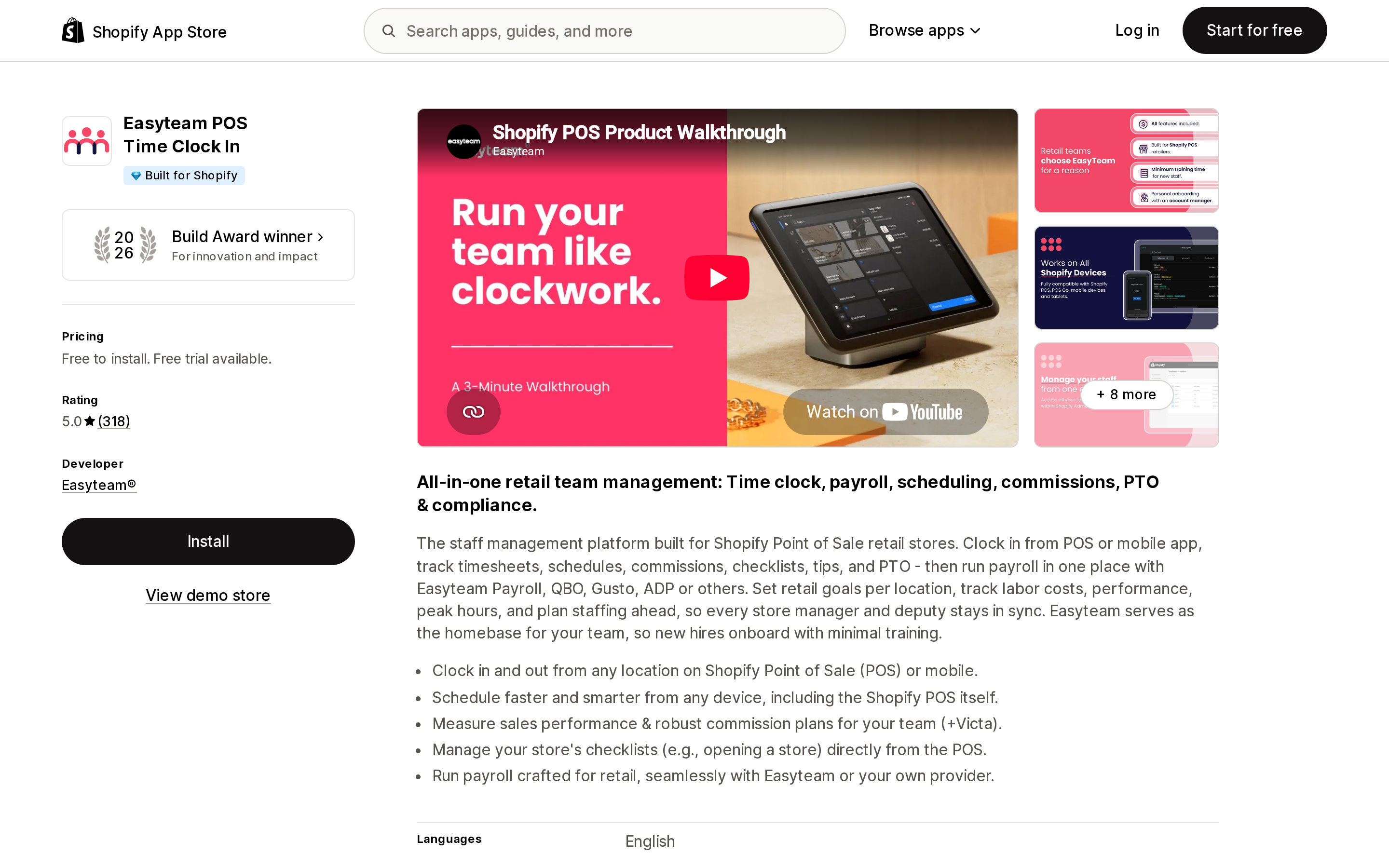 Top of the Shopify App Store listing page for Easyteam POS Time Clock In, showing the 2026 Build Award winner element and a 5.0 rating across 318 reviews
