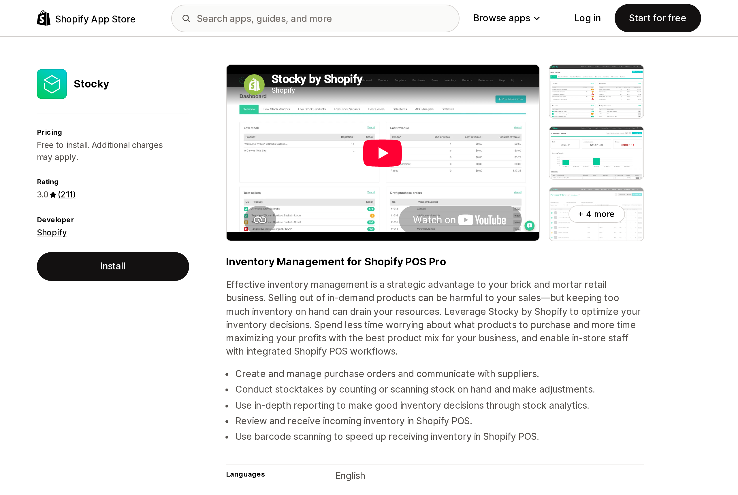 Top of the Shopify App Store listing page for Stocky, showing a black Install button, Free to install pricing, and a 3.0 rating from 211 reviews