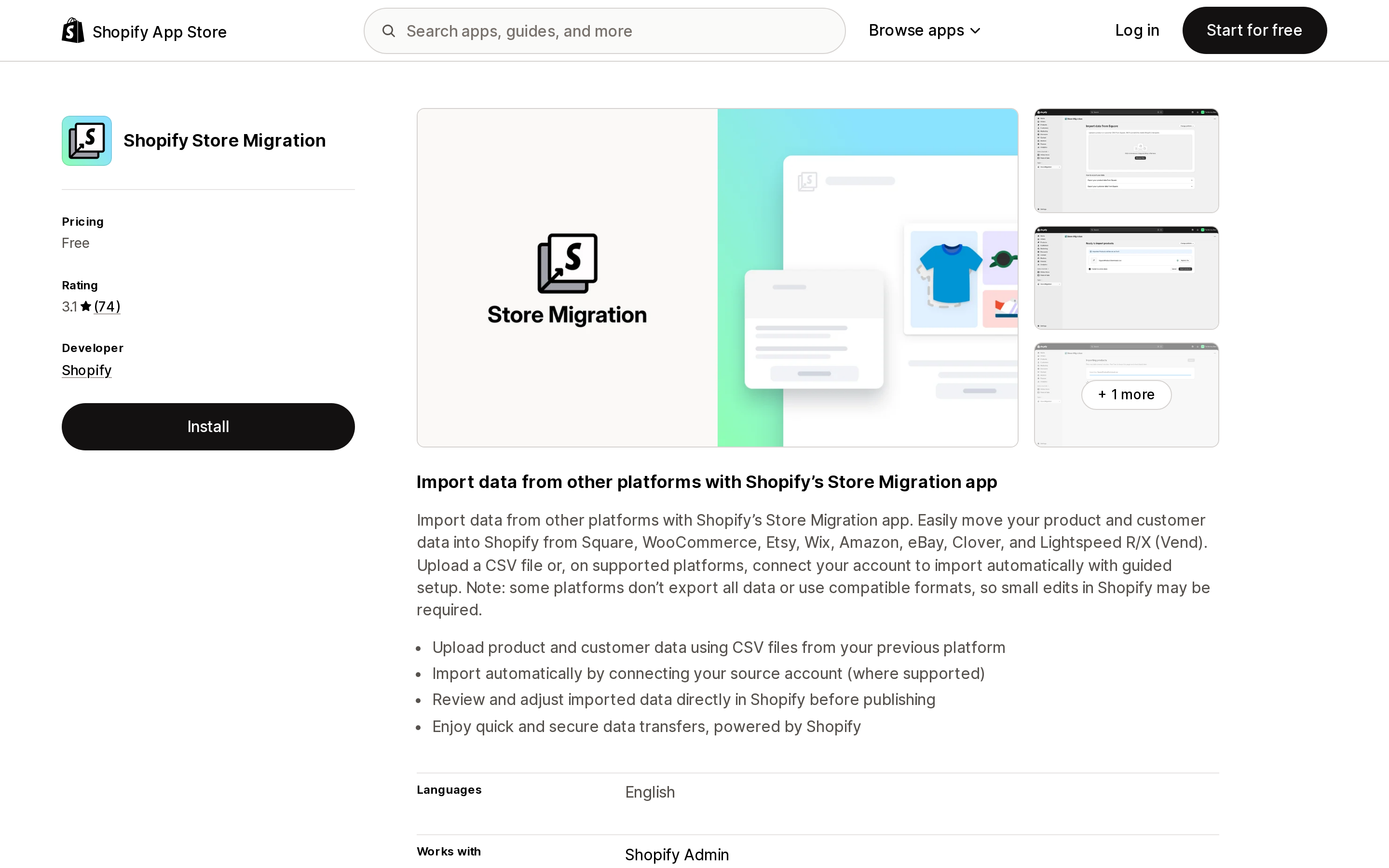 Top of the Shopify App Store listing page for Shopify Store Migration