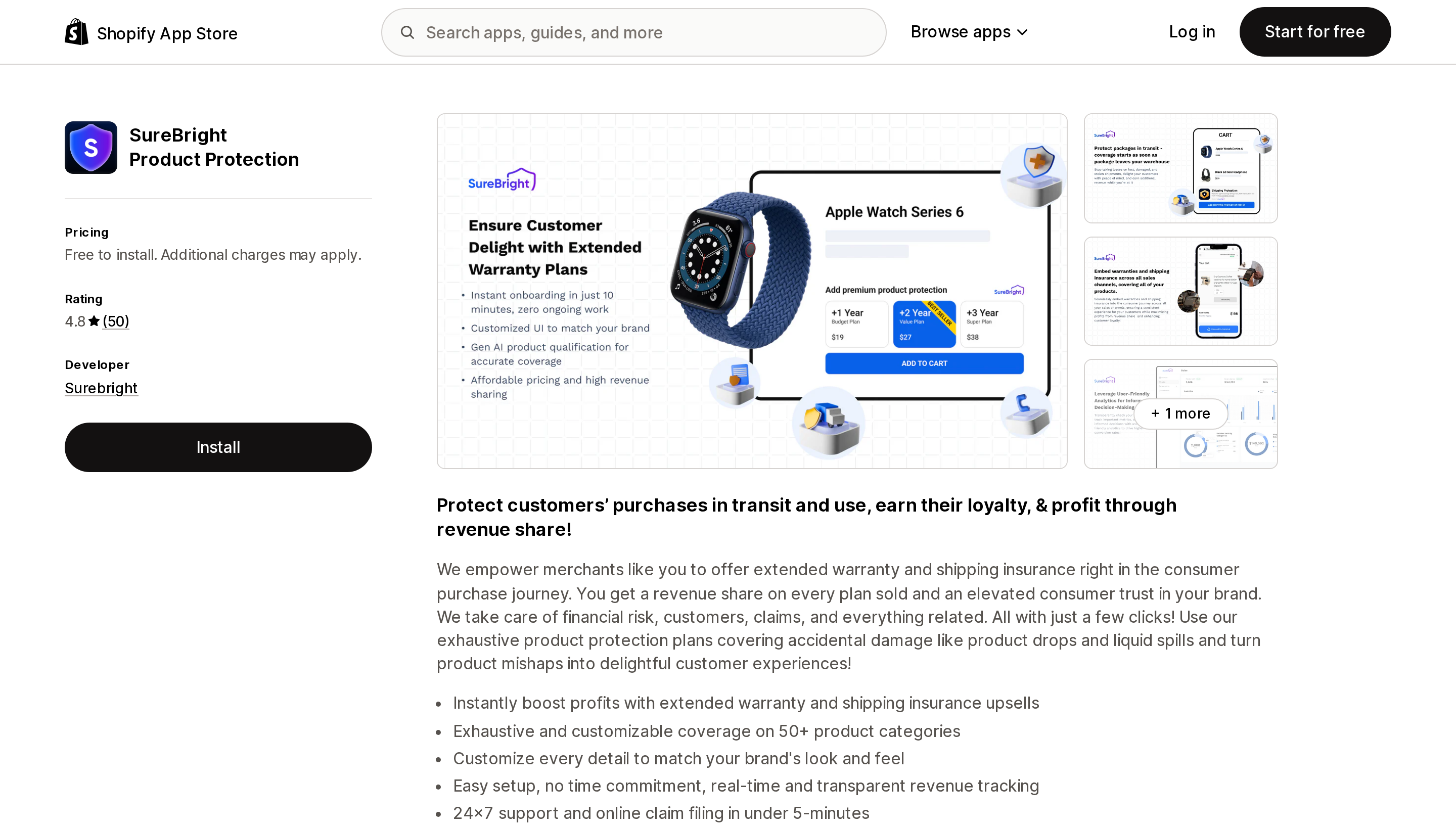 Top of the Shopify App Store listing page for SureBright Product Protection, showing free to install pricing and a 4.8 rating from 50 reviews