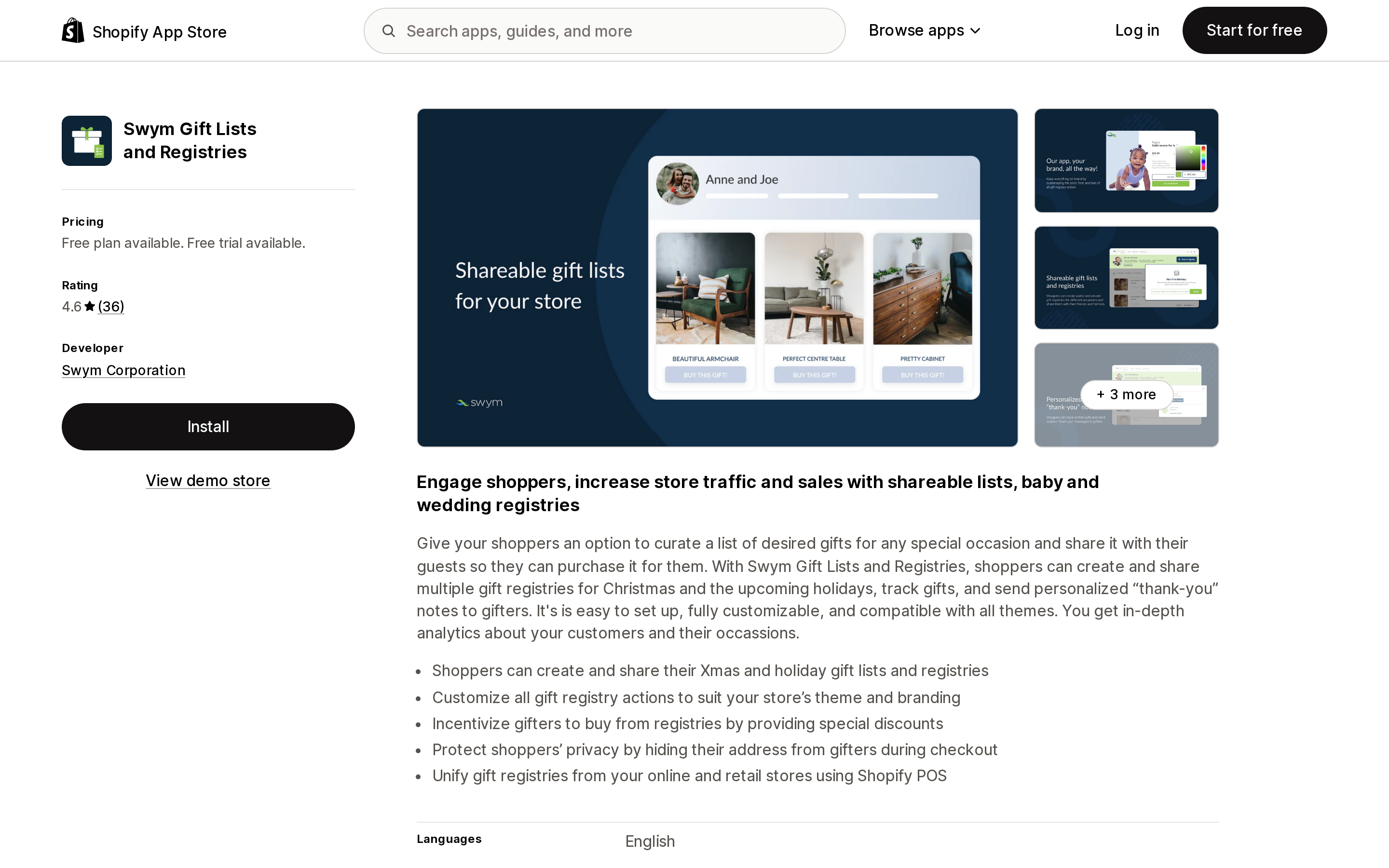 Top of the Shopify App Store listing page for Swym Gift Lists and Registries
