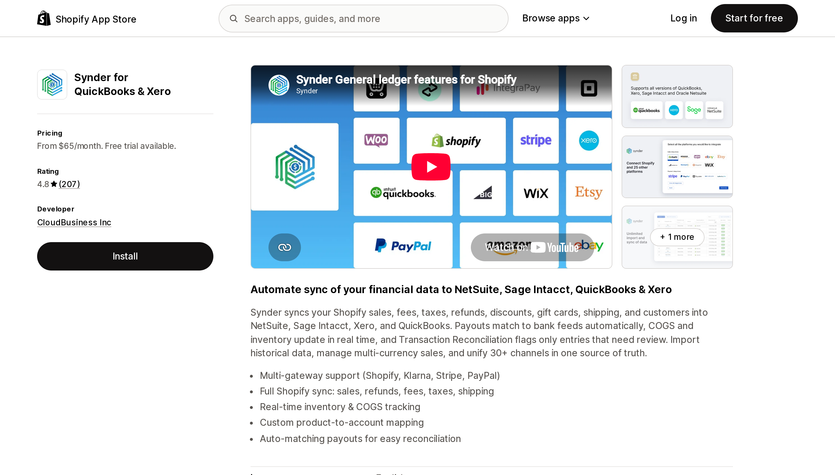 Top of the Shopify App Store listing page for Synder for QuickBooks and Xero