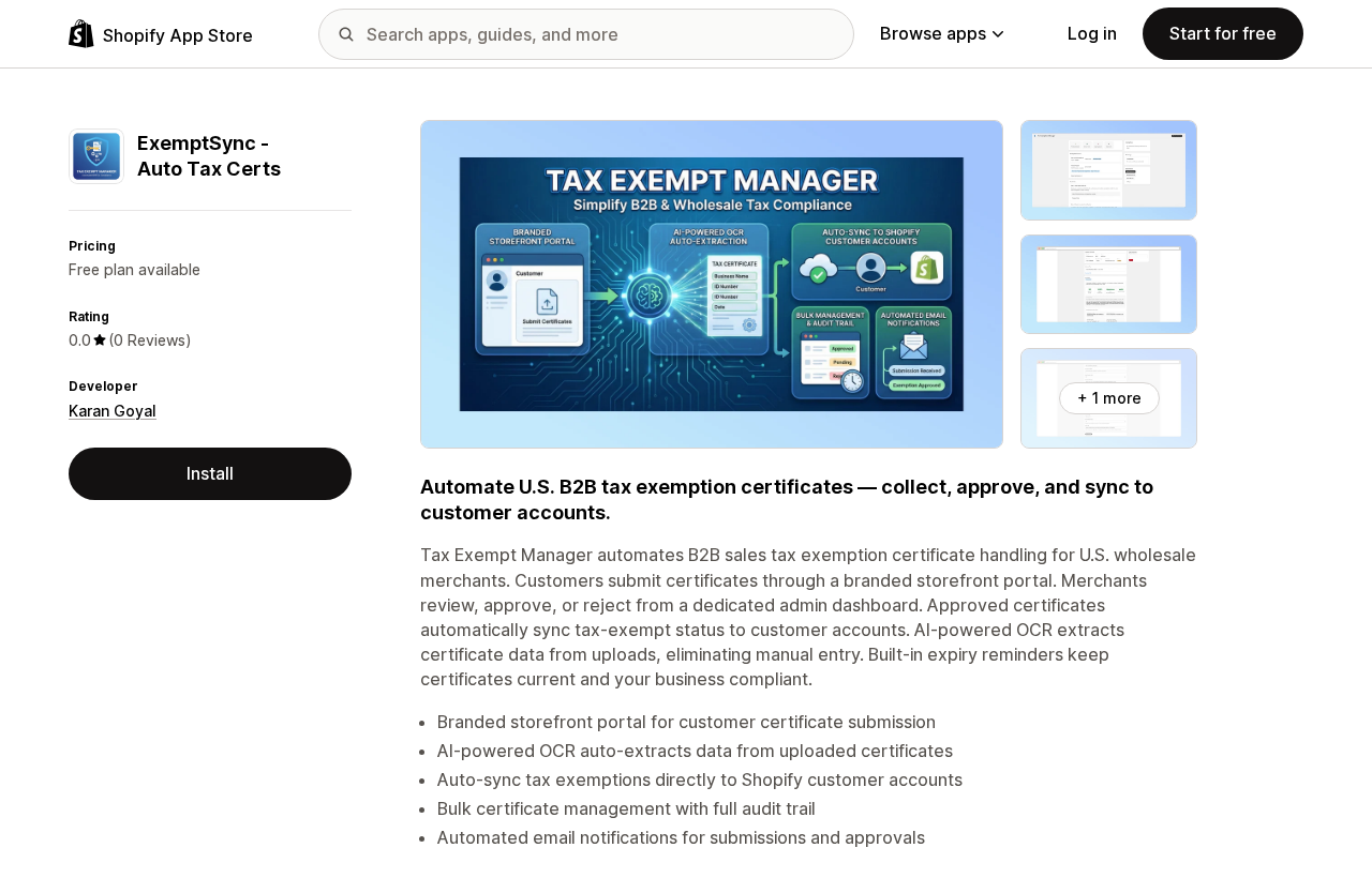 Shopify App Store listing for ExemptSync ‑ Auto Tax Certs, showing a free plan available and zero reviews