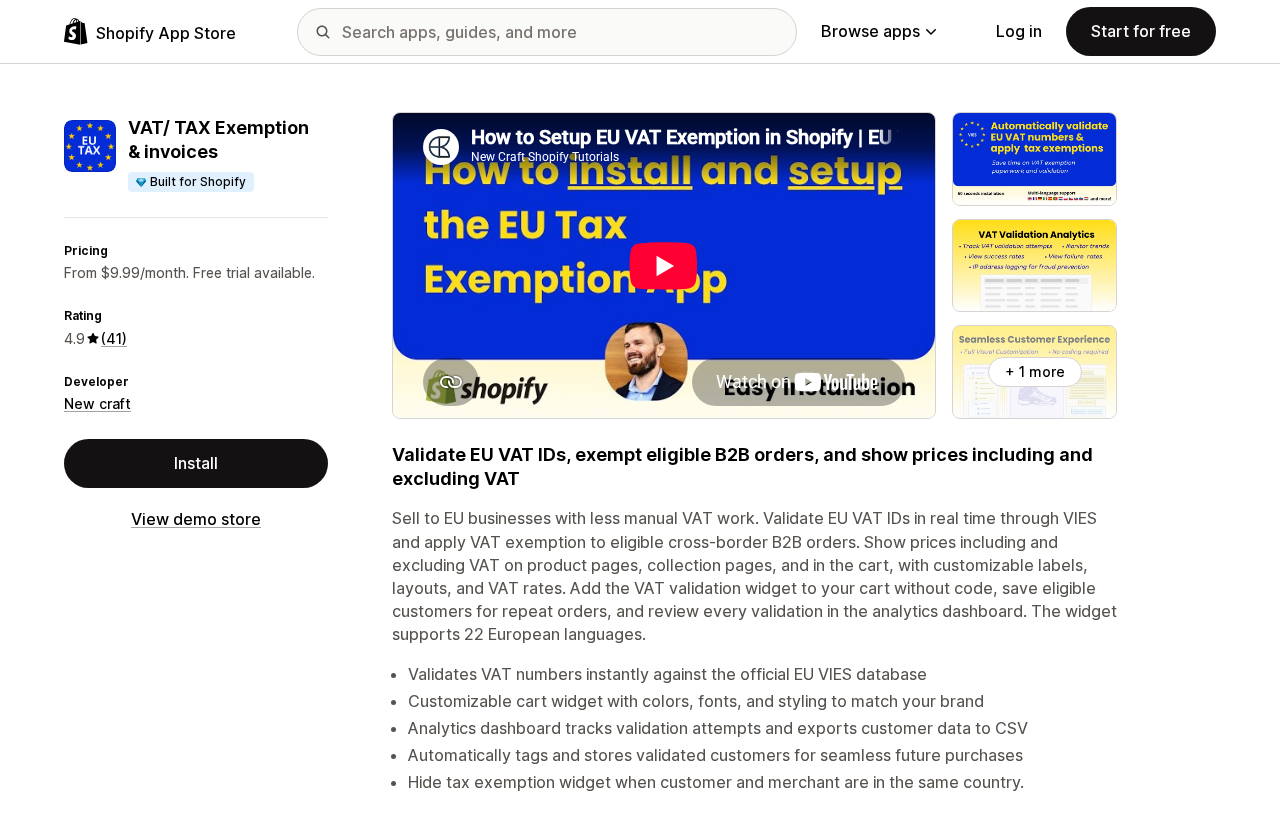 Shopify App Store listing for VAT/ TAX Exemption & invoices, showing the Built for Shopify badge, pricing from $9.99 per month, and a 4.9 rating from 41 reviews