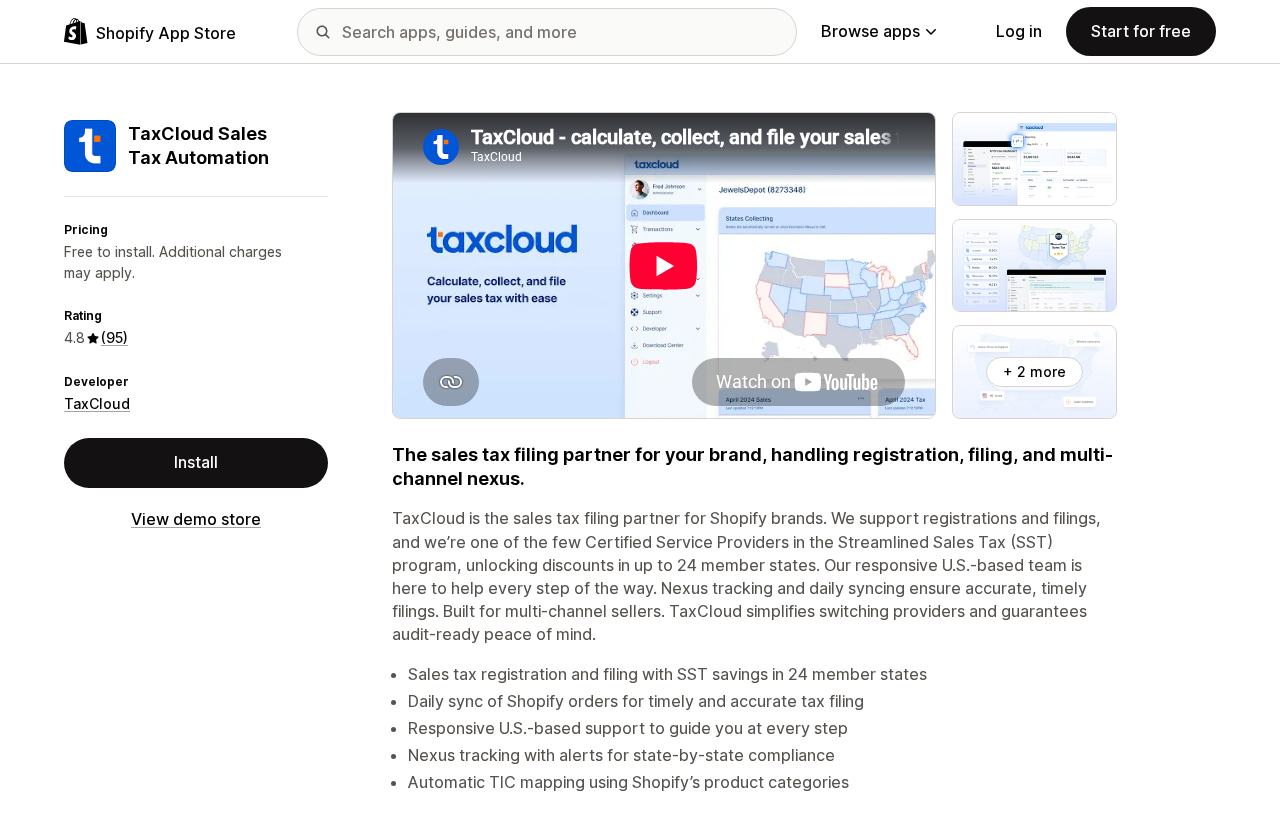 Shopify App Store listing for TaxCloud Sales Tax Automation, showing Free to install pricing and a 4.8 rating from 95 reviews