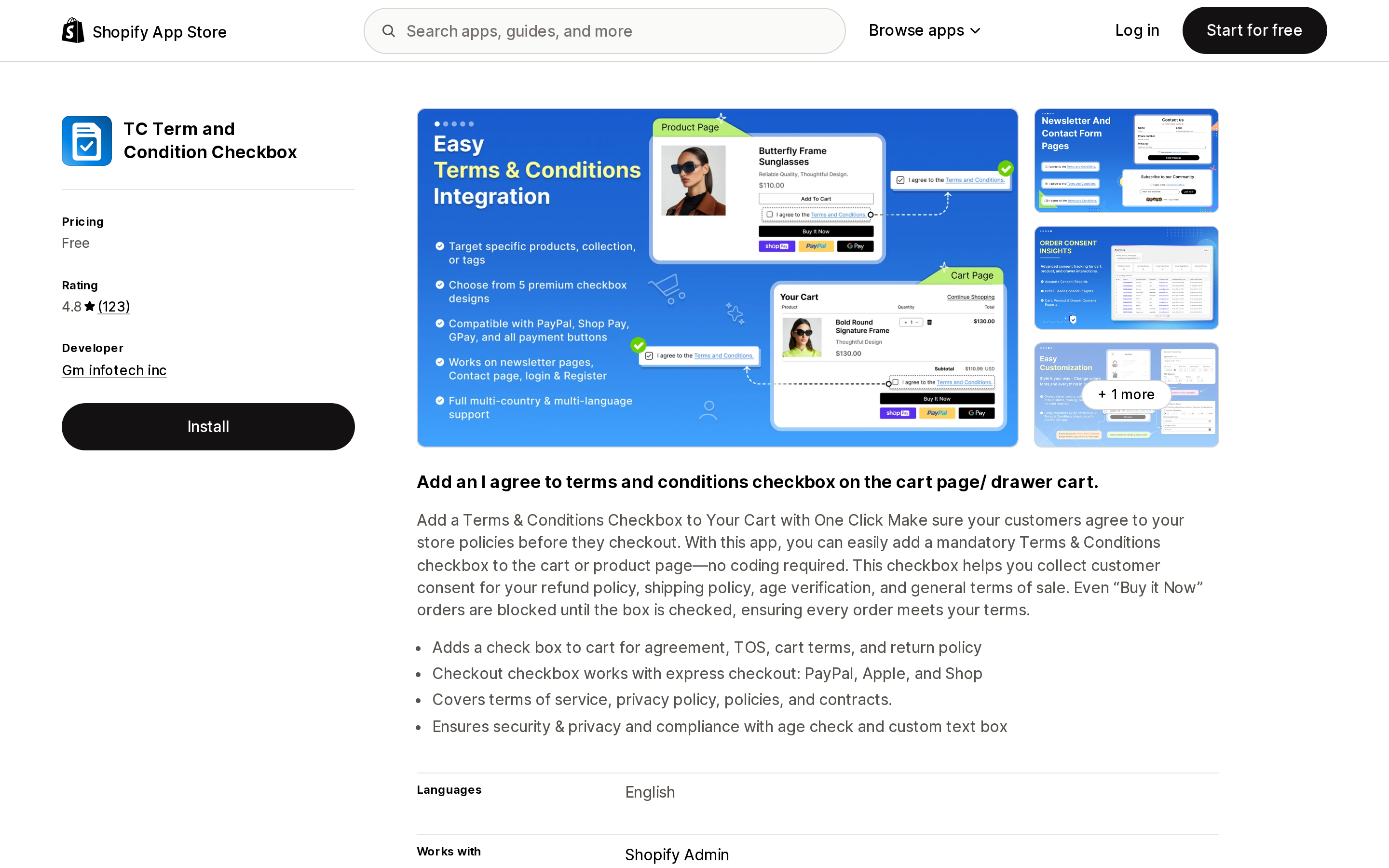 Top of the Shopify App Store listing page for TC Term and Condition Checkbox