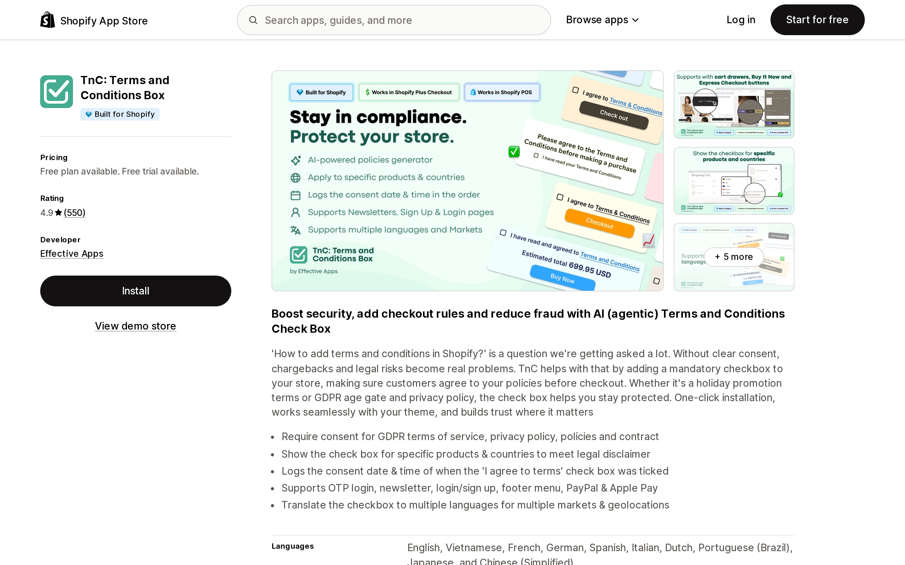 Top of the Shopify App Store listing page for TnC: Terms and Conditions Box