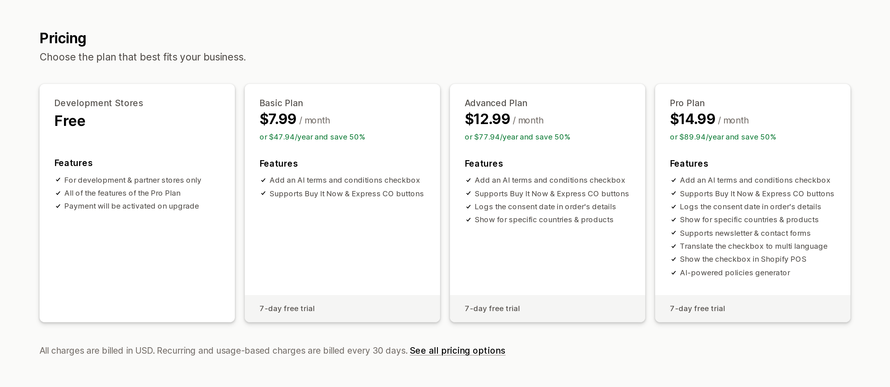 TnC: Terms and Conditions Box pricing plans, showing the Basic, Advanced and Pro tiers at $7.99, $12.99 and $14.99 per month