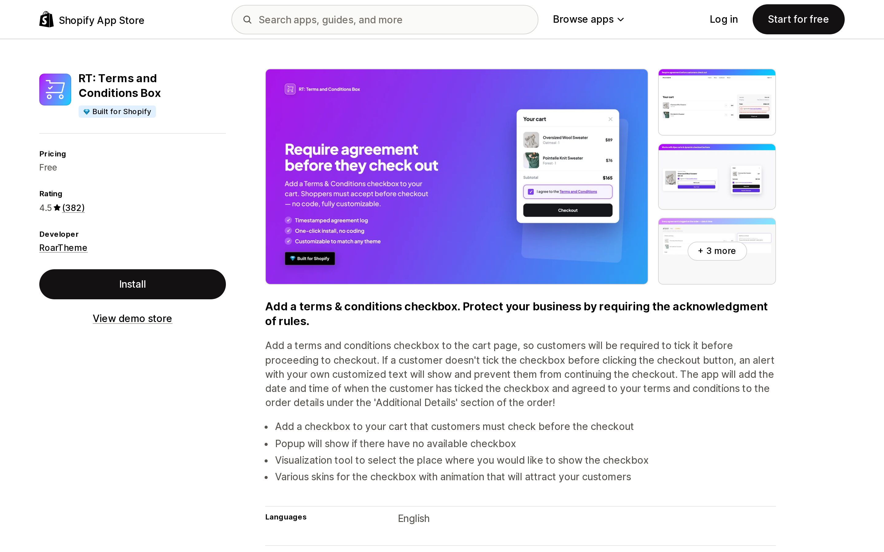 Top of the Shopify App Store listing page for RT: Terms and Conditions Box
