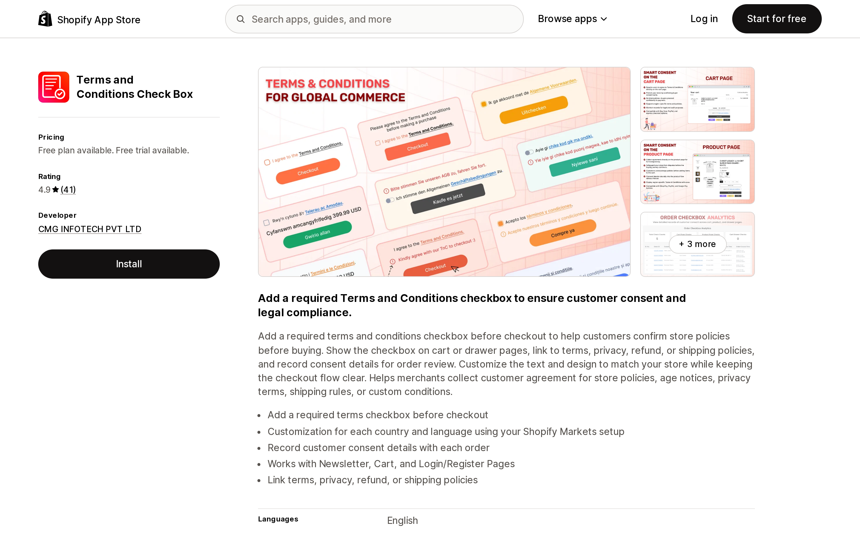 Top of the Shopify App Store listing page for Terms and Conditions Check Box