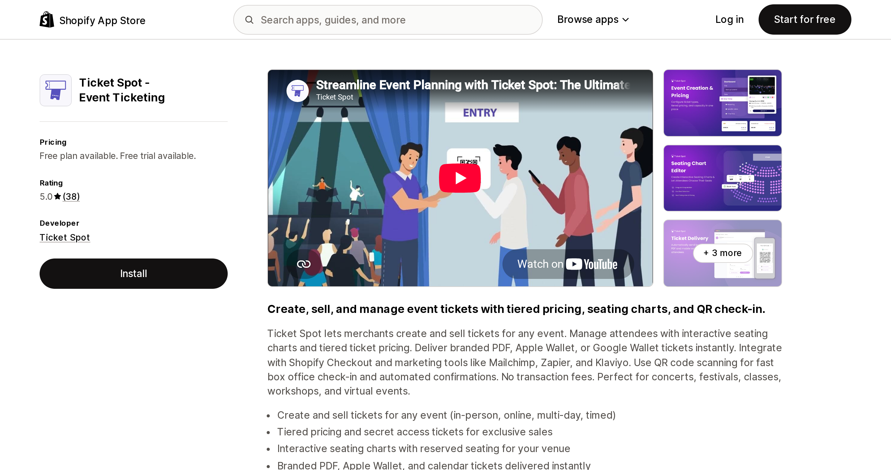 Top of the Shopify App Store listing page for Ticket Spot ‑ Event Ticketing