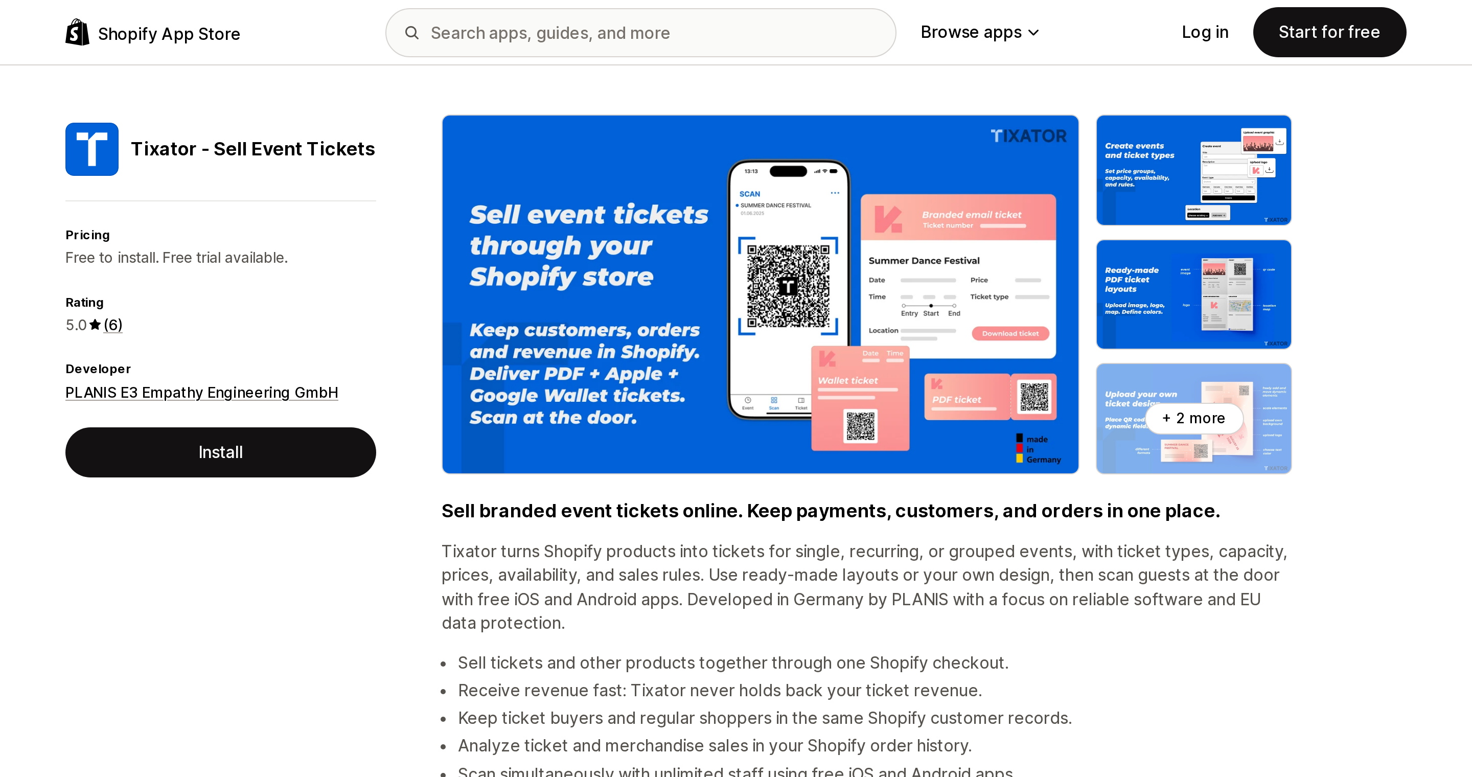 Top of the Shopify App Store listing page for Tixator ‑ Sell Event Tickets