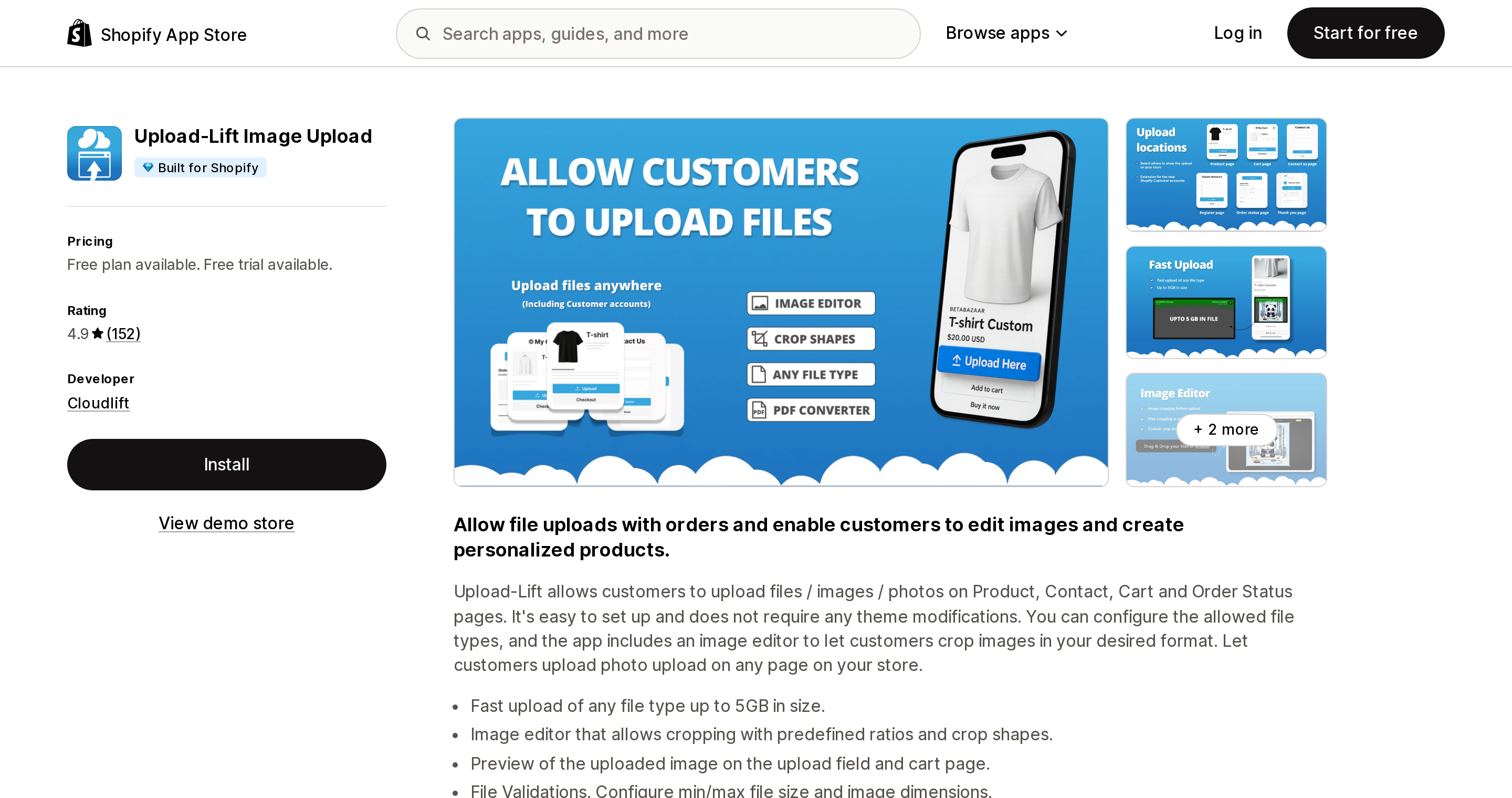 Top of the Shopify App Store listing page for Upload‑Lift Image Upload