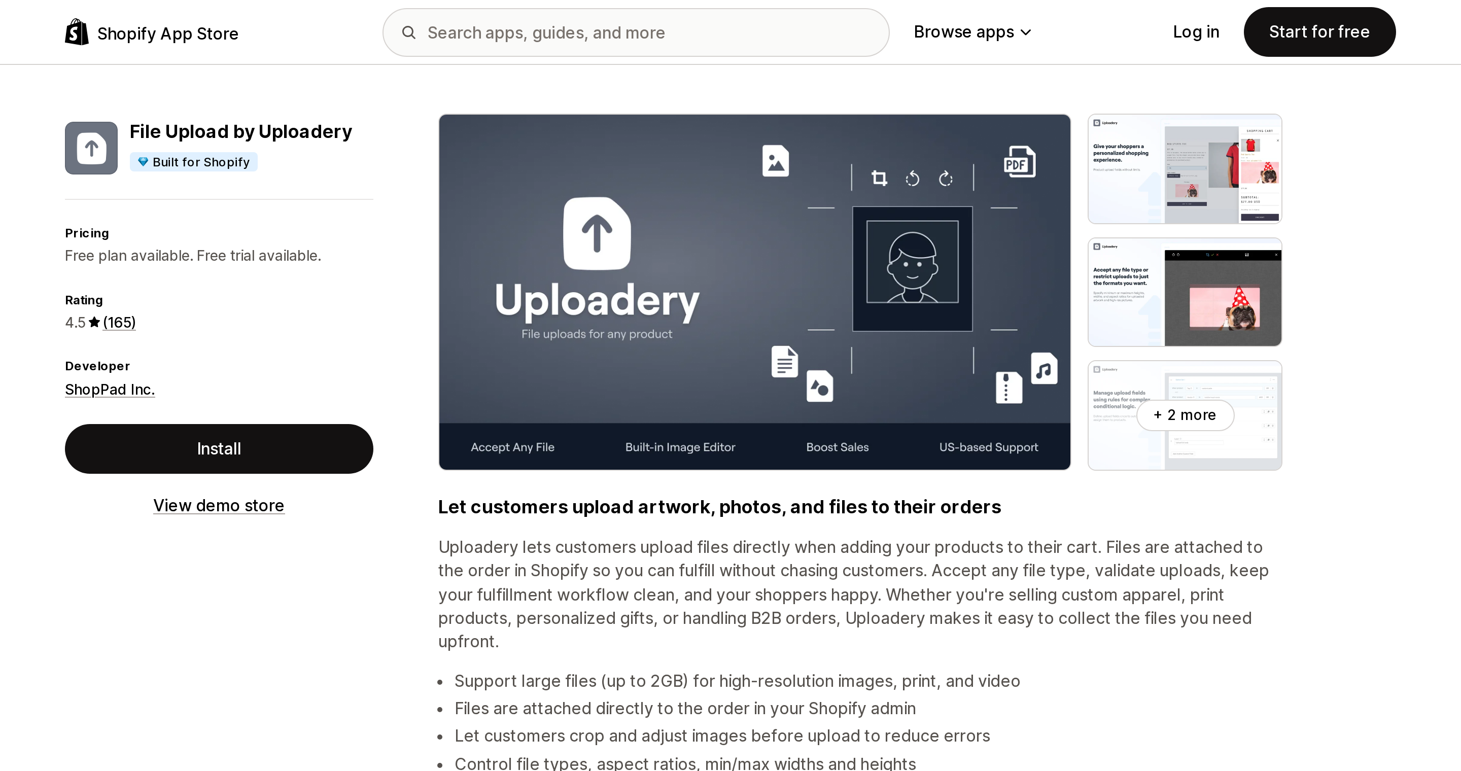 Top of the Shopify App Store listing page for File Upload by Uploadery