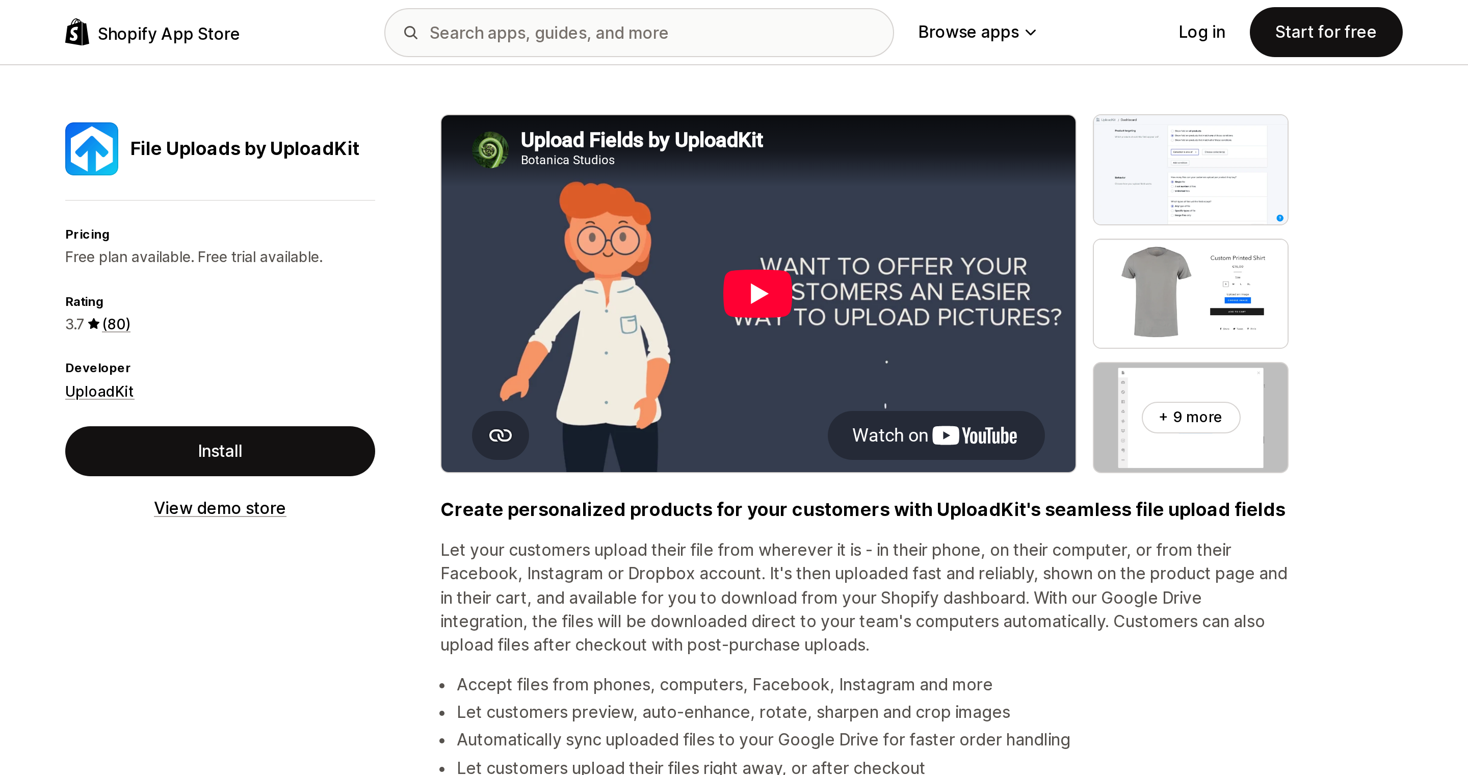 Top of the Shopify App Store listing page for File Uploads by UploadKit