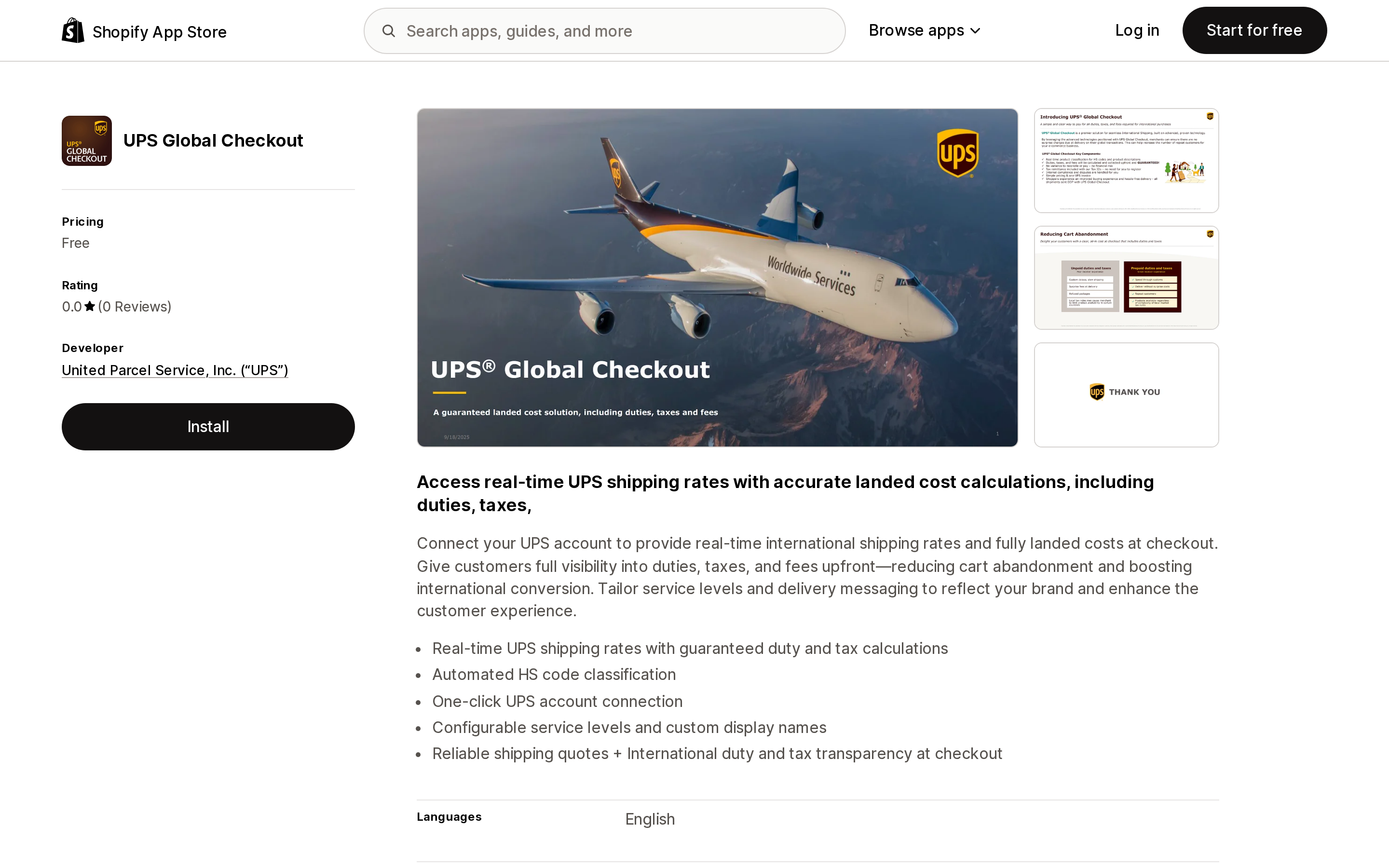 Top of the Shopify App Store listing page for UPS Global Checkout, published by United Parcel Service and priced free, with no reviews yet