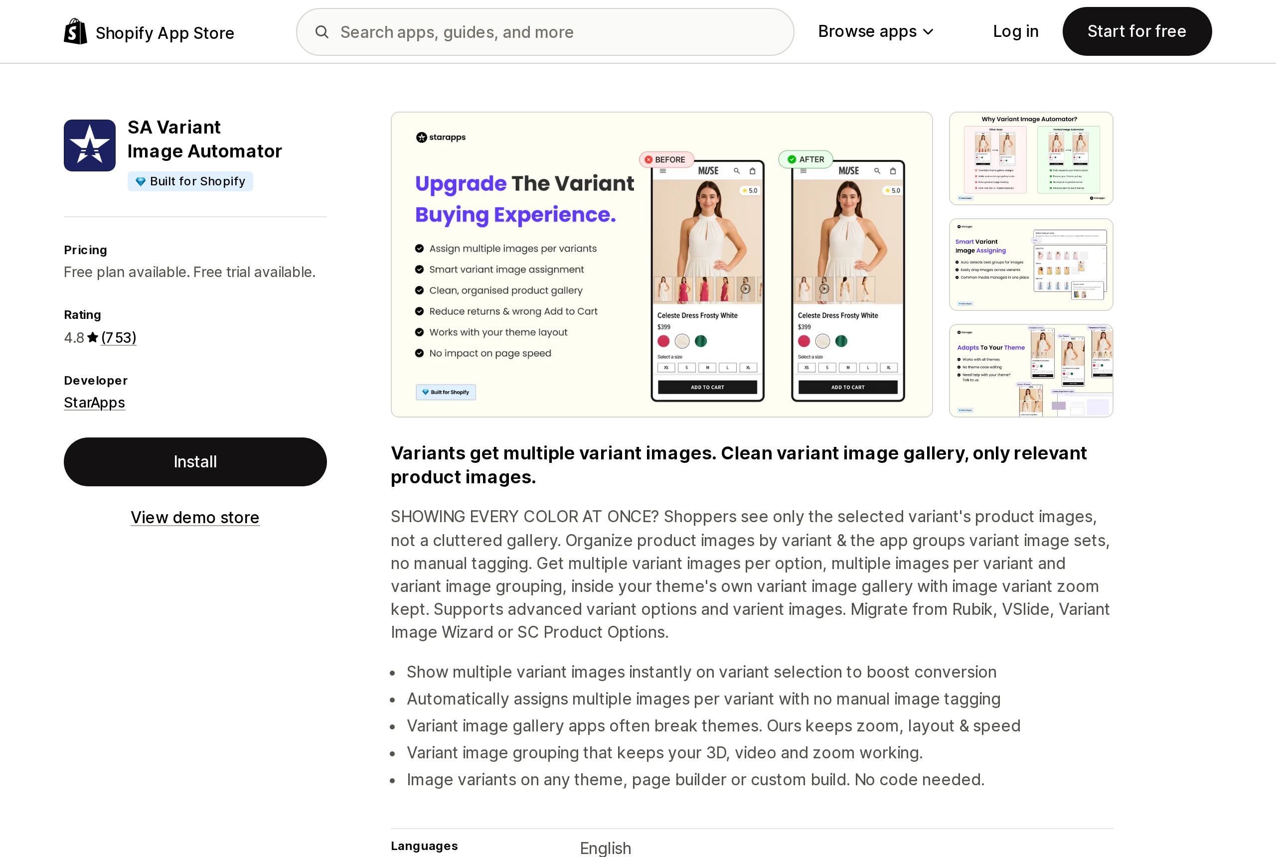 Top of the Shopify App Store listing page for SA Variant Image Automator
