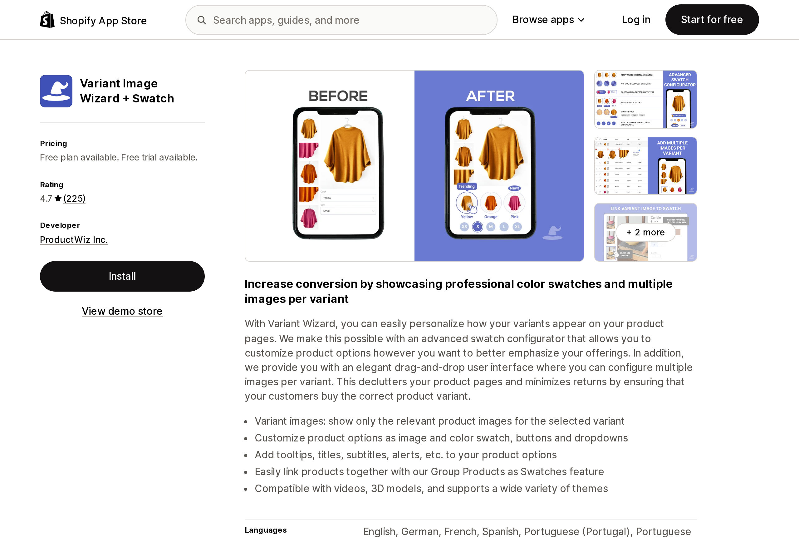 Top of the Shopify App Store listing page for Variant Image Wizard + Swatch