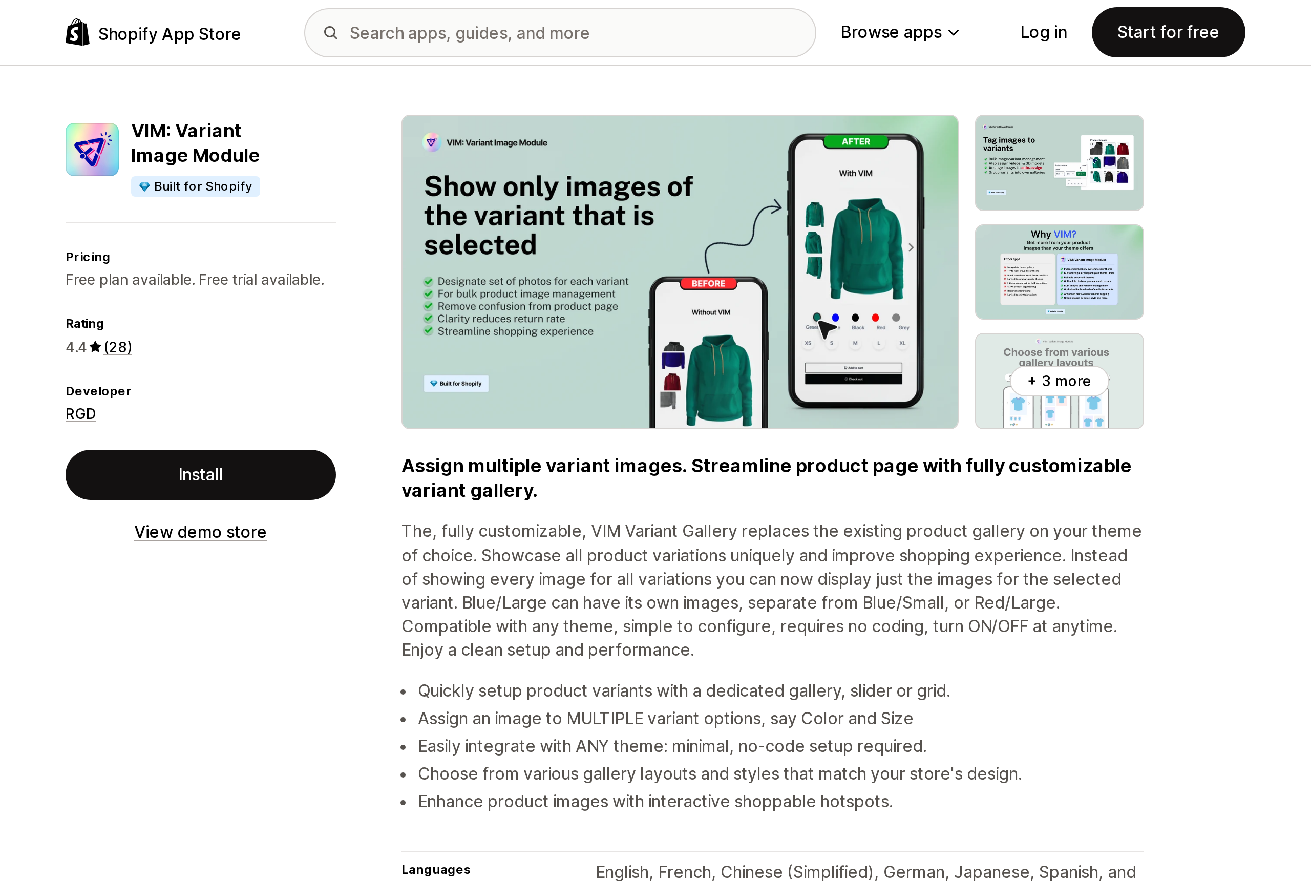 Top of the Shopify App Store listing page for VIM: Variant Image Module