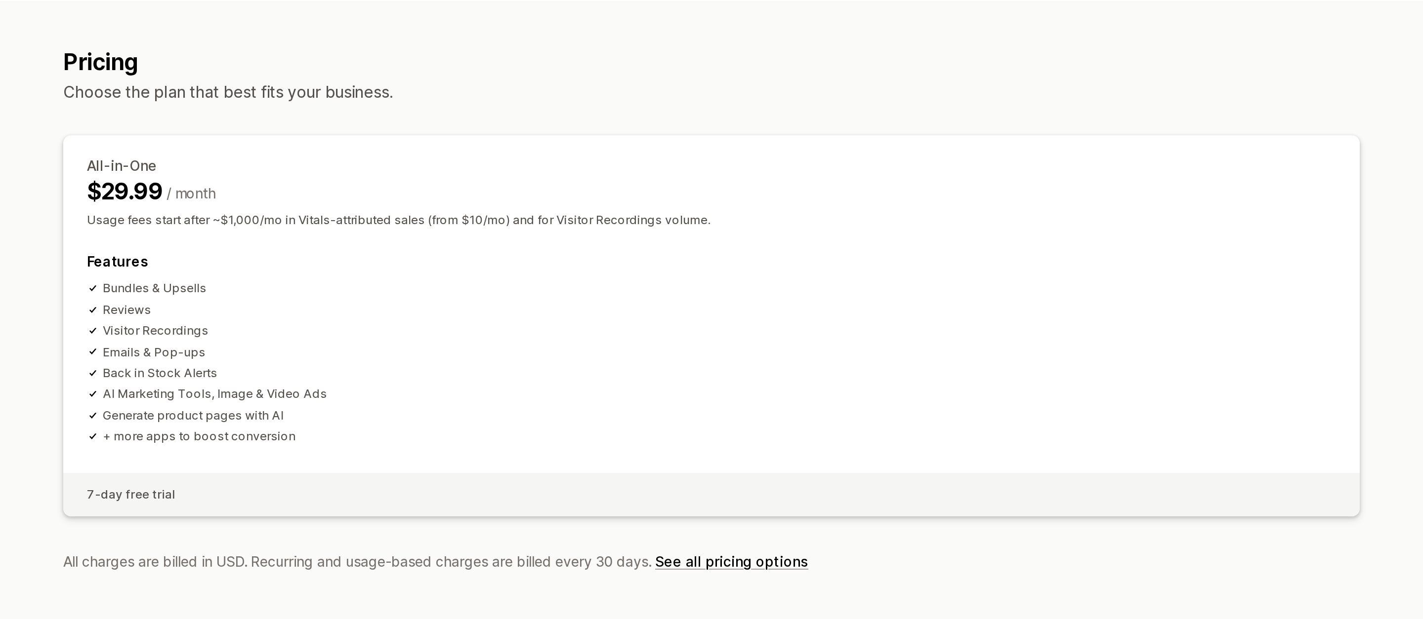 Vitals pricing section on the Shopify App Store, showing a single All-in-One plan at $29.99 per month with a 7-day free trial and a See all pricing options link