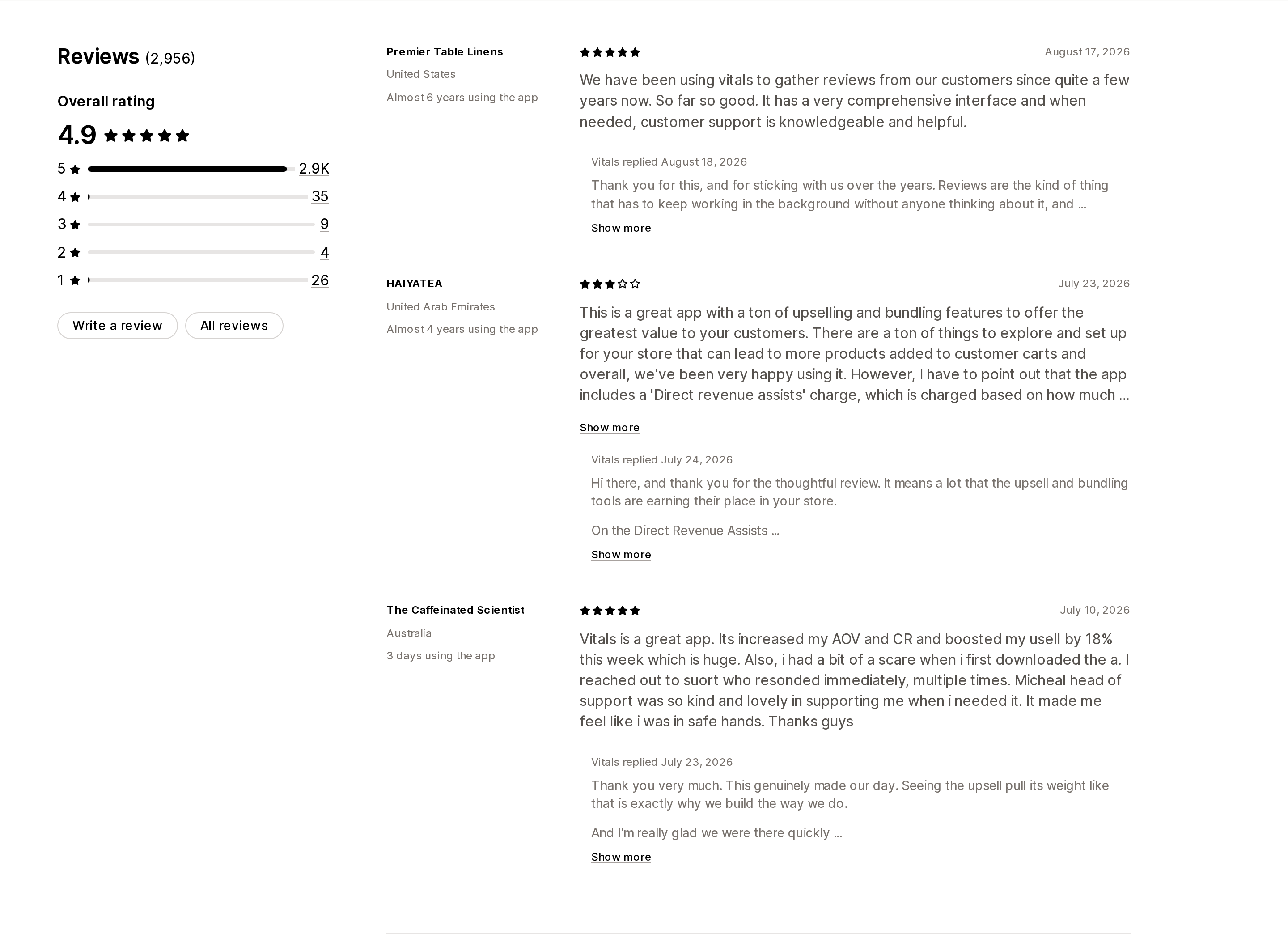 Vitals reviews section on the Shopify App Store, with a three-star review from HAIYATEA dated July 23, 2026 raising a Direct revenue assists charge, and a reply from Vitals dated July 24, 2026