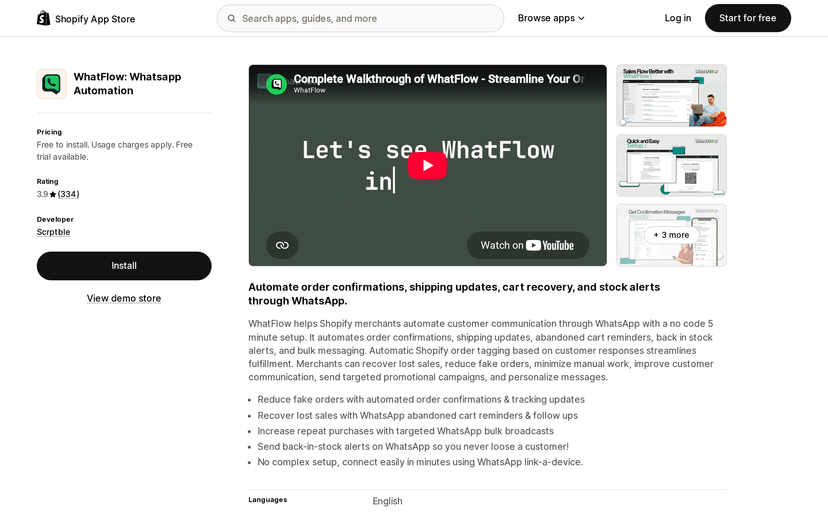 Top of the Shopify App Store listing page for WhatFlow: Whatsapp Automation