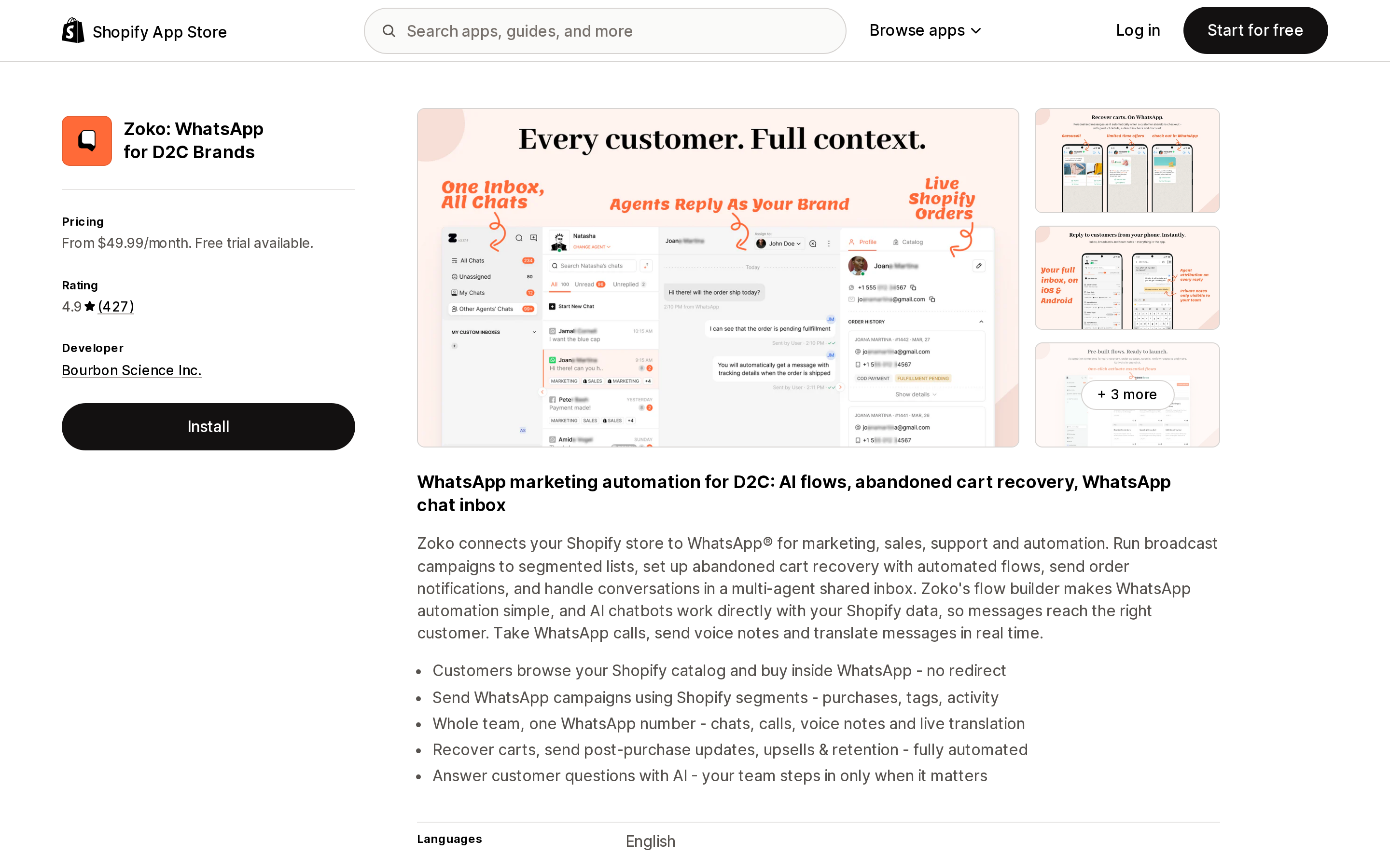 Top of the Shopify App Store listing page for Zoko: WhatsApp for D2C Brands