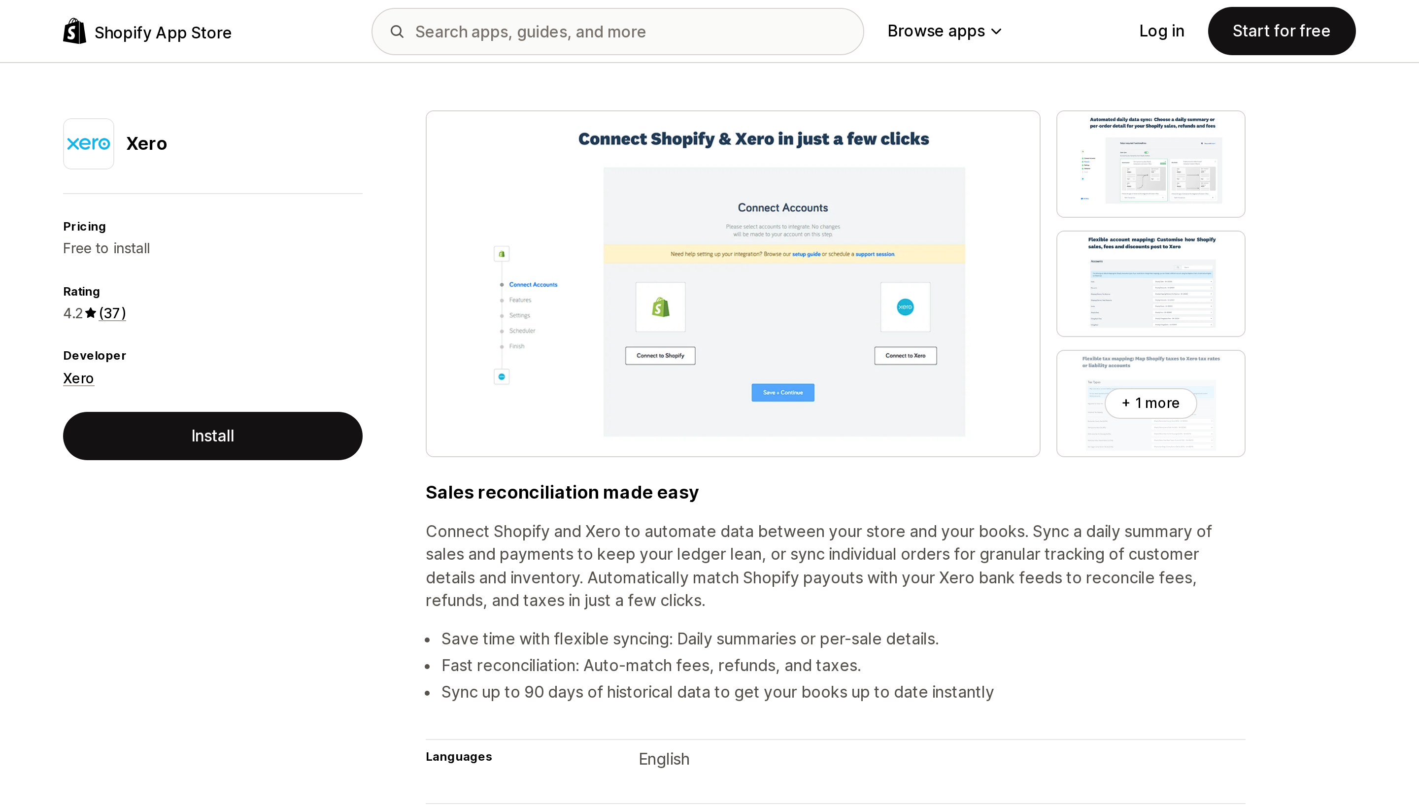 Top of the Shopify App Store listing page for Xero's own Shopify app, showing free to install and 37 reviews