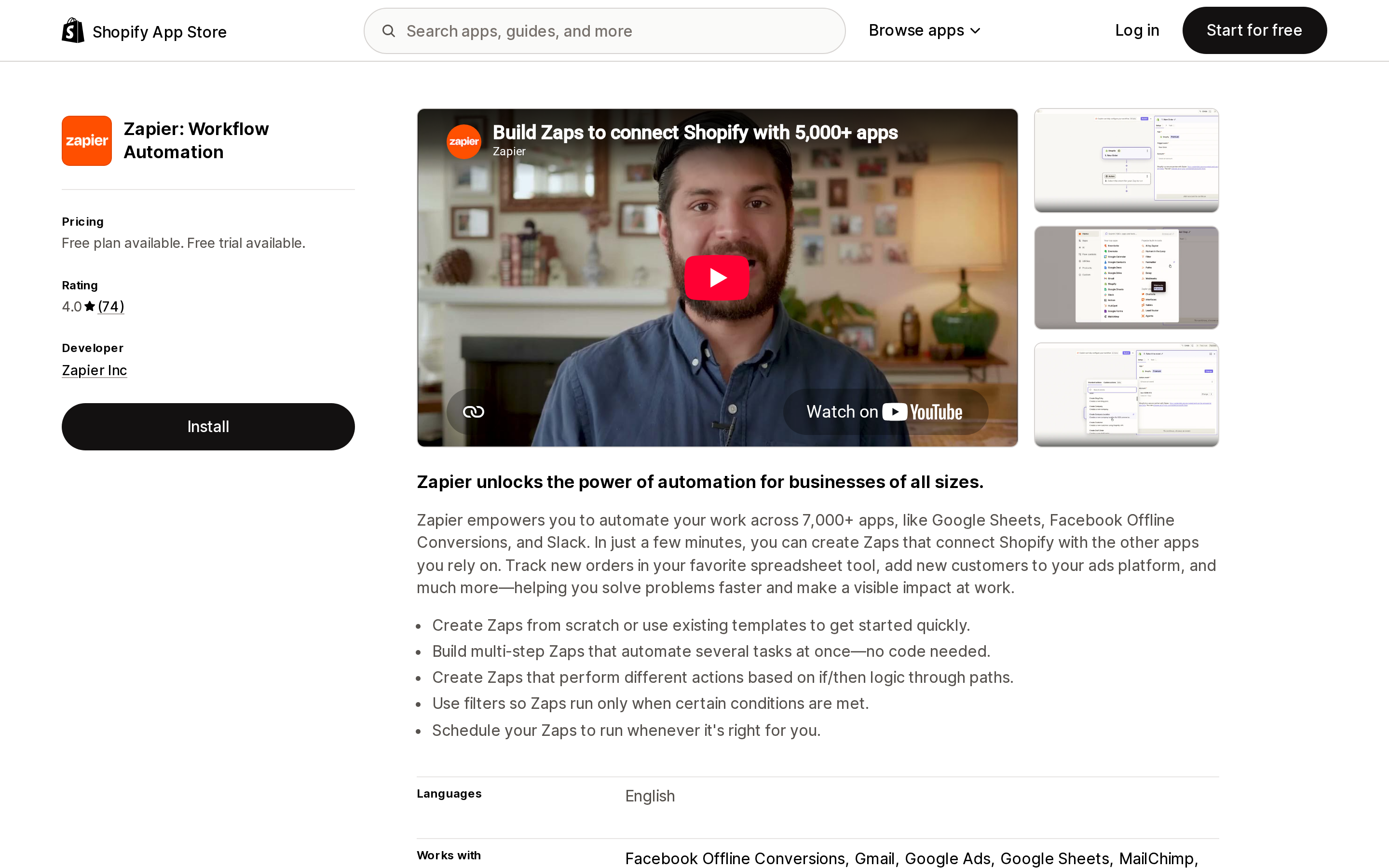 Top of the Shopify App Store listing page for Zapier: Workflow Automation, showing a 4.0 rating and a free plan