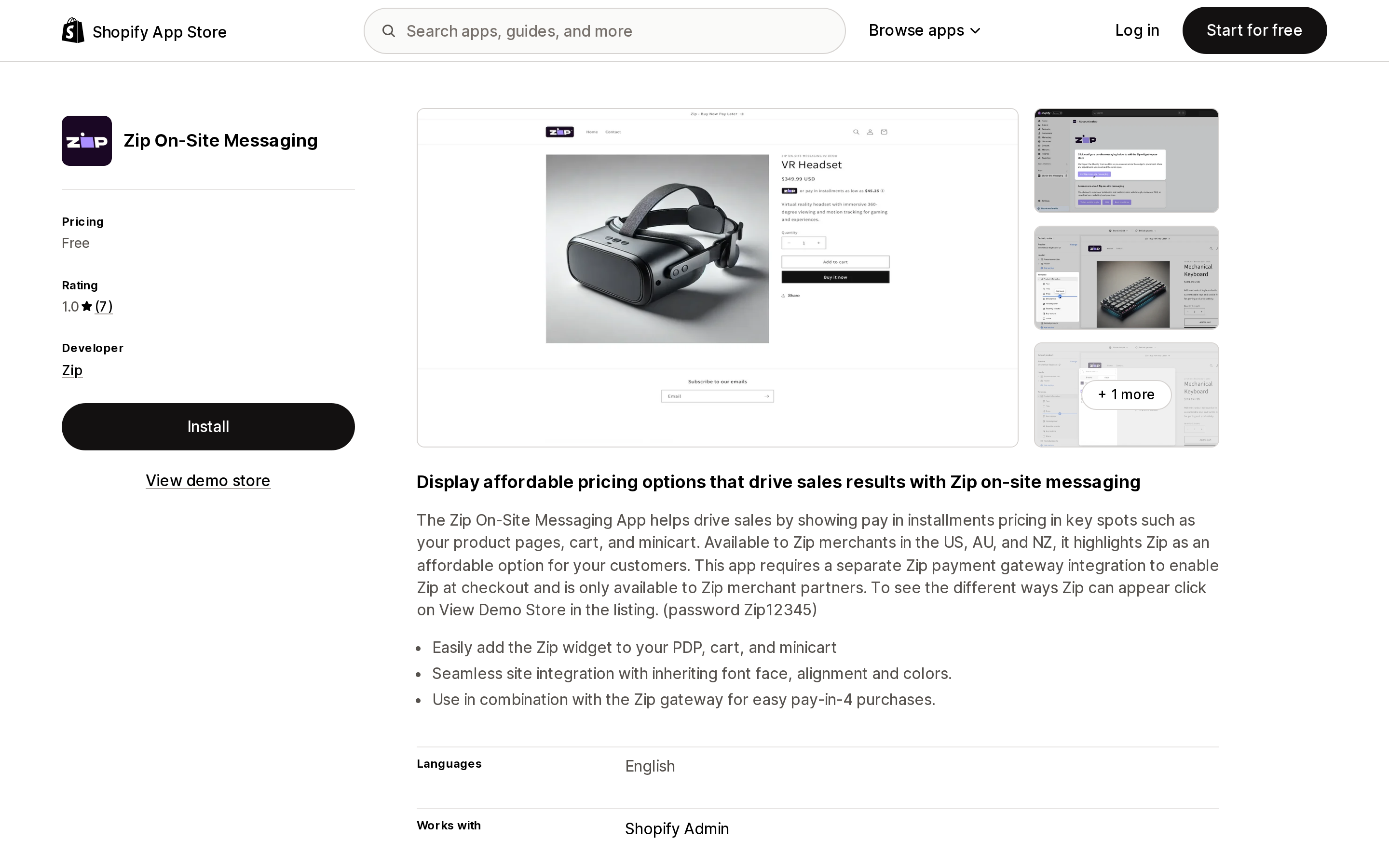 Top of the Shopify App Store listing page for Zip On‑Site Messaging, showing a 1.0 rating
