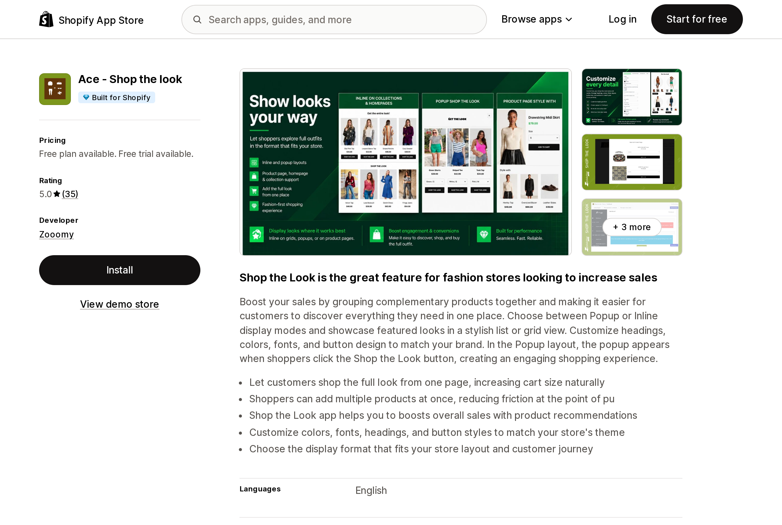 Top of the Shopify App Store listing page for Ace ‑ Shop the look, showing the Built for Shopify badge and a 5.0 rating from 35 reviews